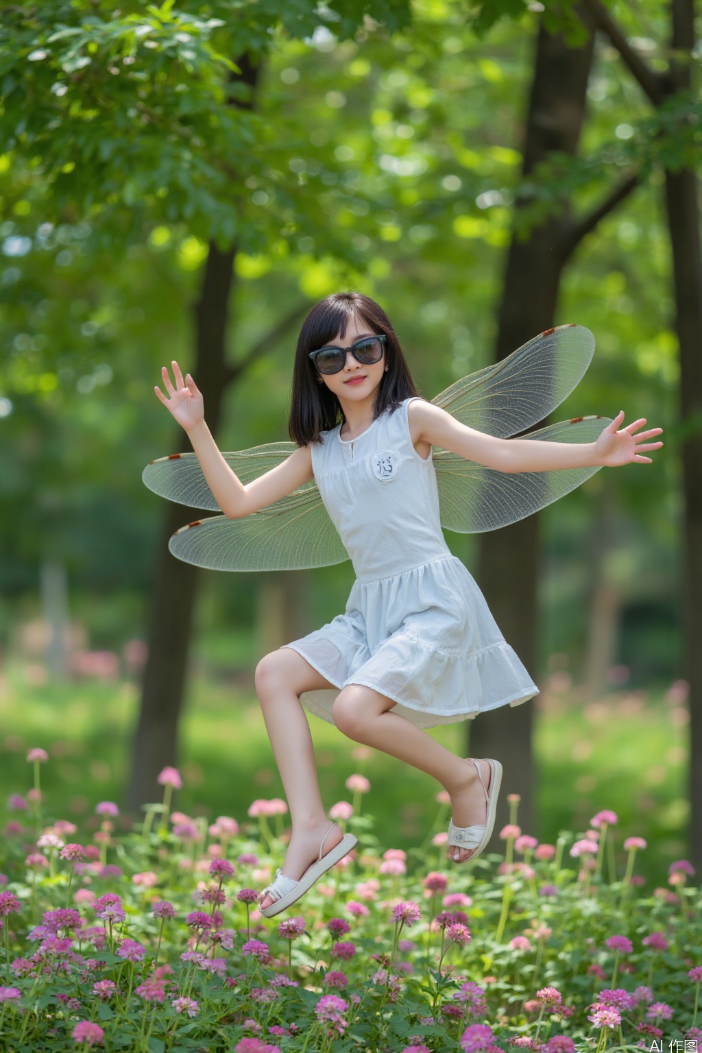 A young Asian girl wearing a pair of cool sunglasses, flaunting her delicate dragonfly wings, gracefully hovering in the air. The background is a lush forest, and below her, the ground is covered with colorful flowers. This is a surreal scene.