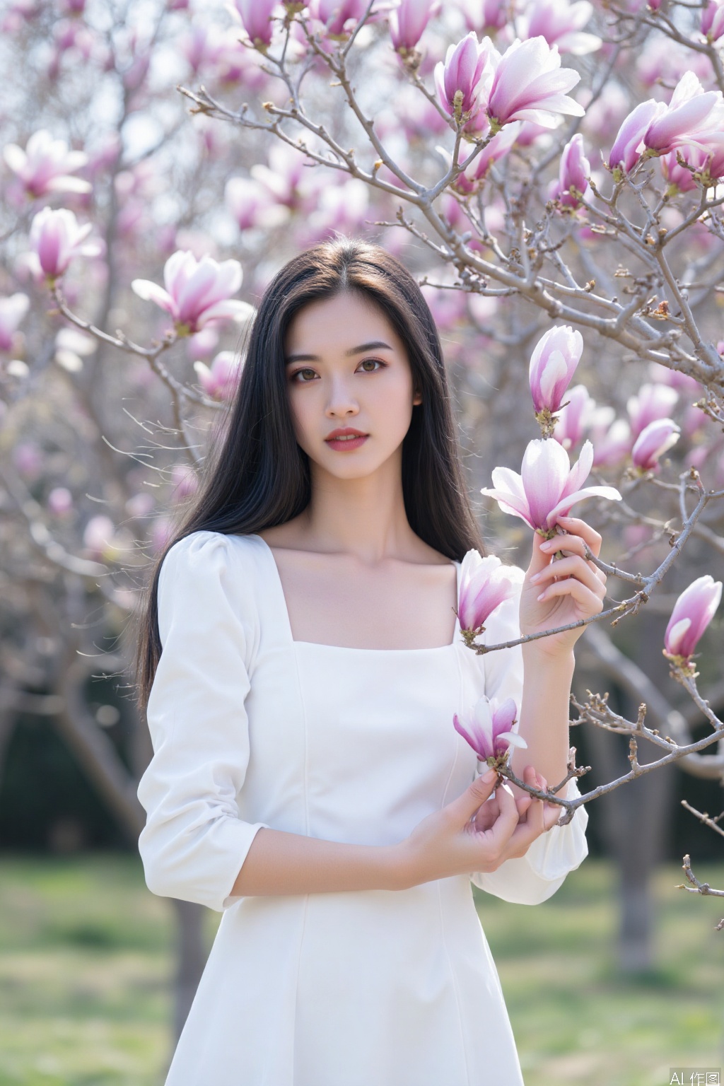 The image shows a young woman standing outdoors, surrounded by blooming magnolia trees. She is dressed in a white, elegant dress with a square neckline and puffed sleeves. Her hair is long and straight, cascading down her shoulders. She is holding a magnolia branch with pink and white flowers, and her hands are gently placed on her chest. The background is softly blurred, featuring more magnolia trees and a serene, natural setting. The overall atmosphere is peaceful and picturesque, with a focus on the beauty of the magnolia blossoms and the woman's graceful pose.