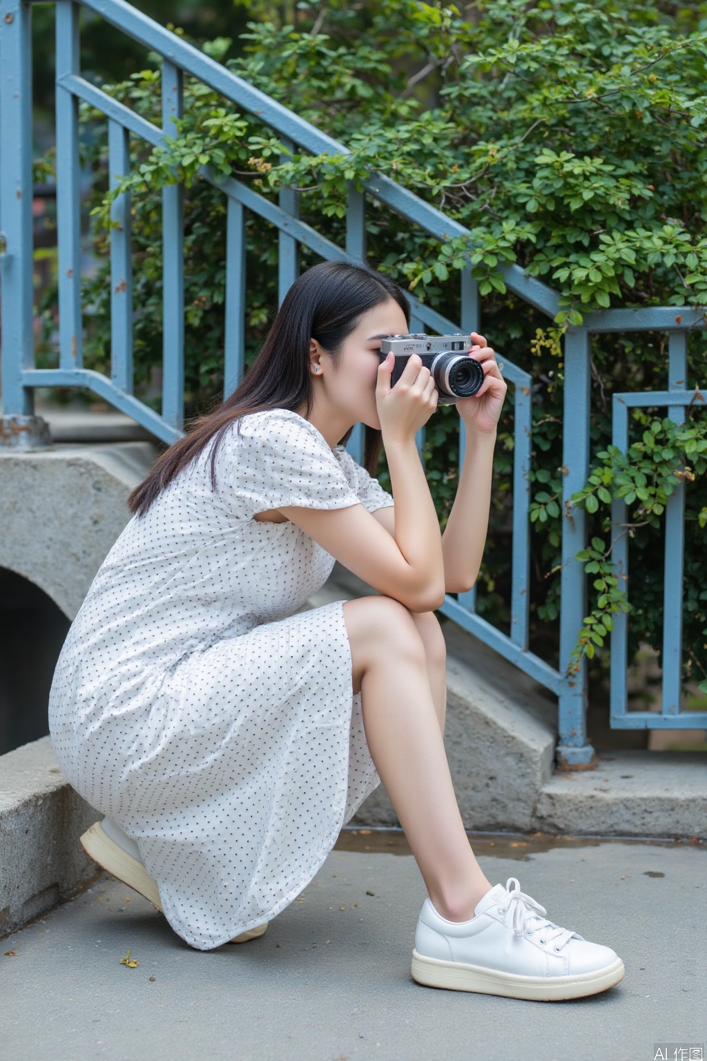The image shows a person taking a photograph. The individual is wearing a white polka-dot dress and white sneakers. They are holding a vintage camera, which is pointed towards their face. The background features a blue metal railing with green plants growing on it. The ground appears to be concrete, and there is a small puddle of water visible on the left side of the image. The overall setting seems to be outdoors, possibly in a garden or park area.