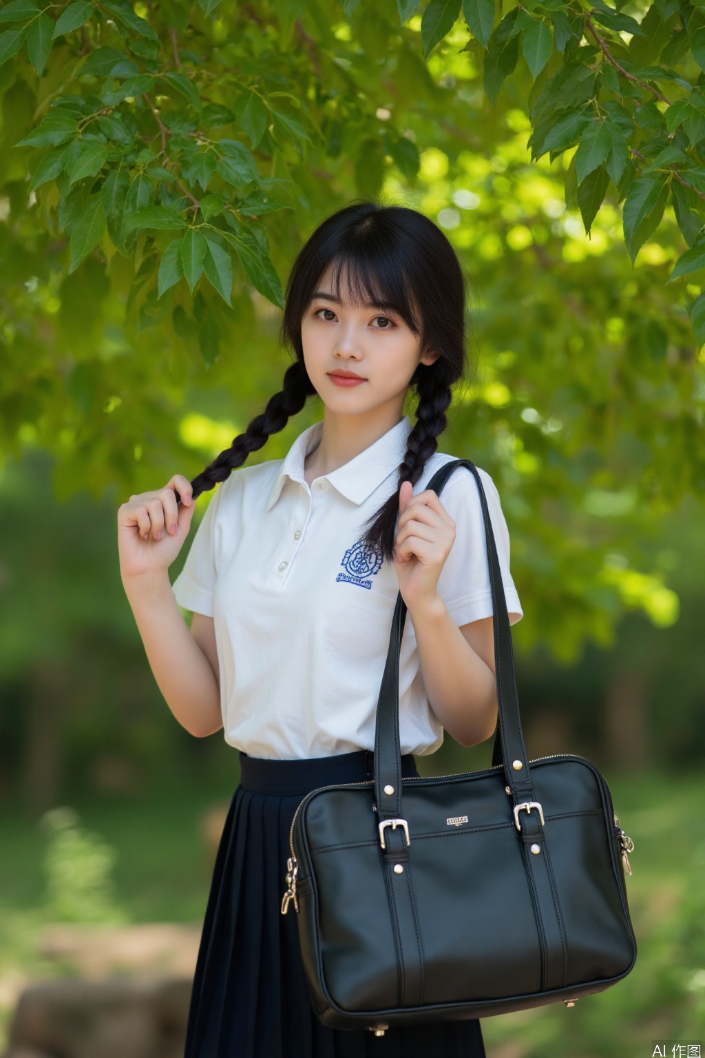 The image shows a young woman standing outdoors, surrounded by lush green foliage. She is wearing a white short-sleeved shirt with a blue emblem on the left side of her chest, and a dark pleated skirt. She has long, dark hair styled in two braids, and she is holding one braid with her right hand while holding the other with her left hand. She is also carrying a large black leather bag with silver buckles over her right shoulder. The background is a natural setting with green leaves and blurred greenery, giving a serene and peaceful atmosphere.