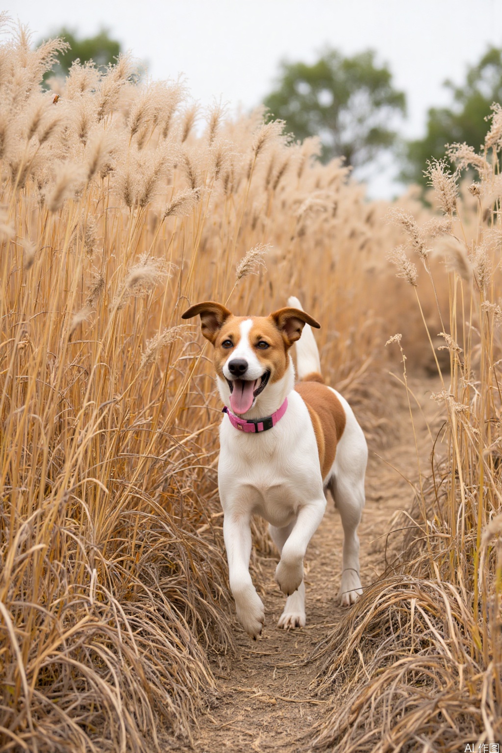 The image shows a dog running through a field of tall, golden wheat. The dog has a white and brown coat and is wearing a pink collar. The wheat stalks are dense and create a natural pathway for the dog to run through. In the background, there are trees and a cloudy sky, suggesting an open countryside setting. The dog appears to be happy and energetic, with its tongue out as it runs.