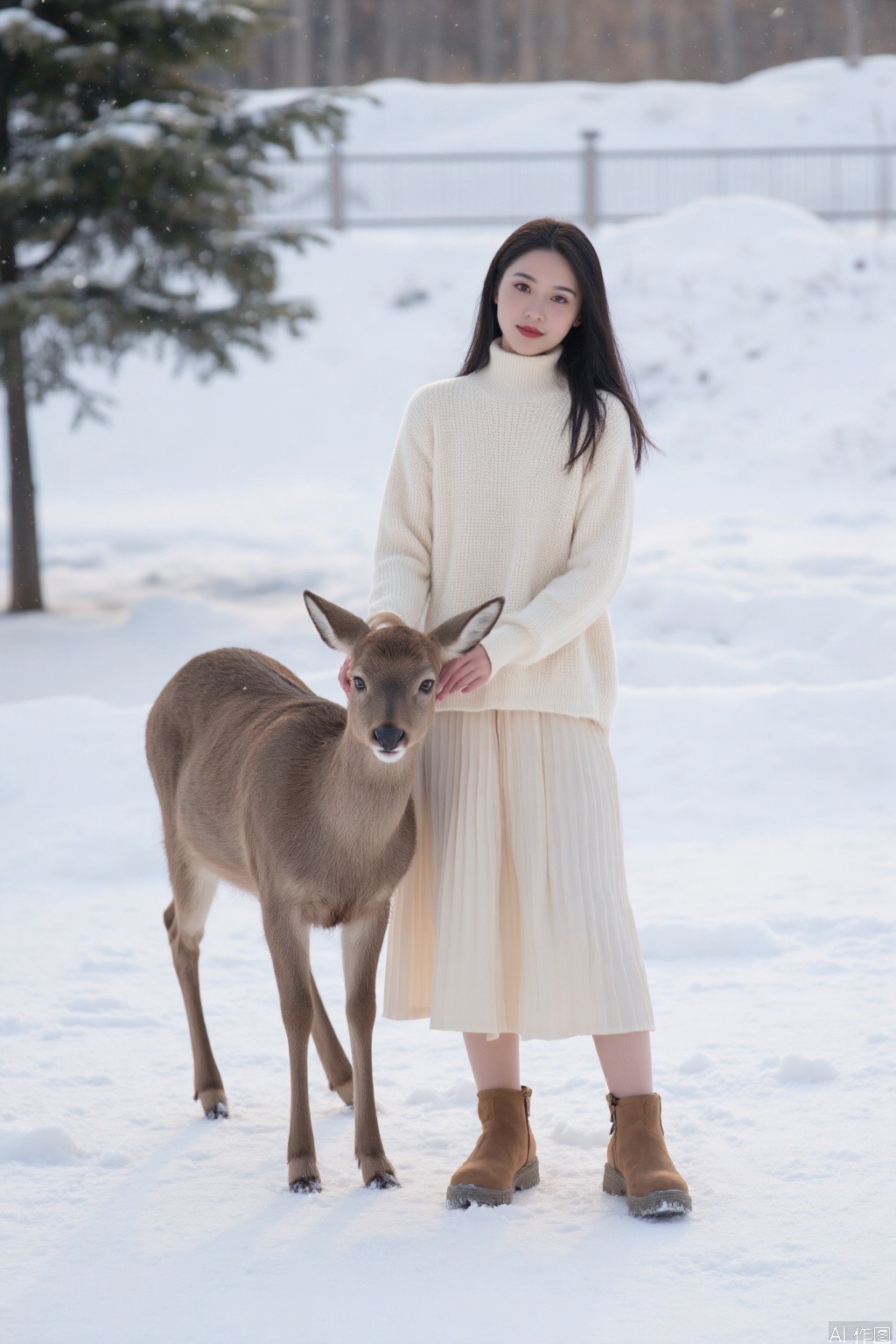 The image shows a person standing in a snowy landscape, dressed in a cream-colored outfit that includes a turtleneck sweater and a pleated skirt. They are wearing brown boots and holding the neck of a deer, which is standing on the snow. The background consists of a snow-covered ground and some trees, with a fence visible in the distance. The overall scene is serene and wintery, with the person and deer being the main focus.