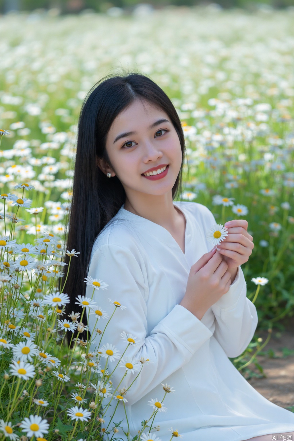The image depicts a serene outdoor scene with a young woman surrounded by a field of white daisies. She is dressed in a white outfit that blends harmoniously with the natural surroundings. Her long, dark hair cascades down her back, and she is gently holding a daisy in her hand, which is part of the vibrant floral display. The background is filled with more daisies, creating a lush and peaceful atmosphere. The lighting is soft and natural, enhancing the tranquil mood of the scene.