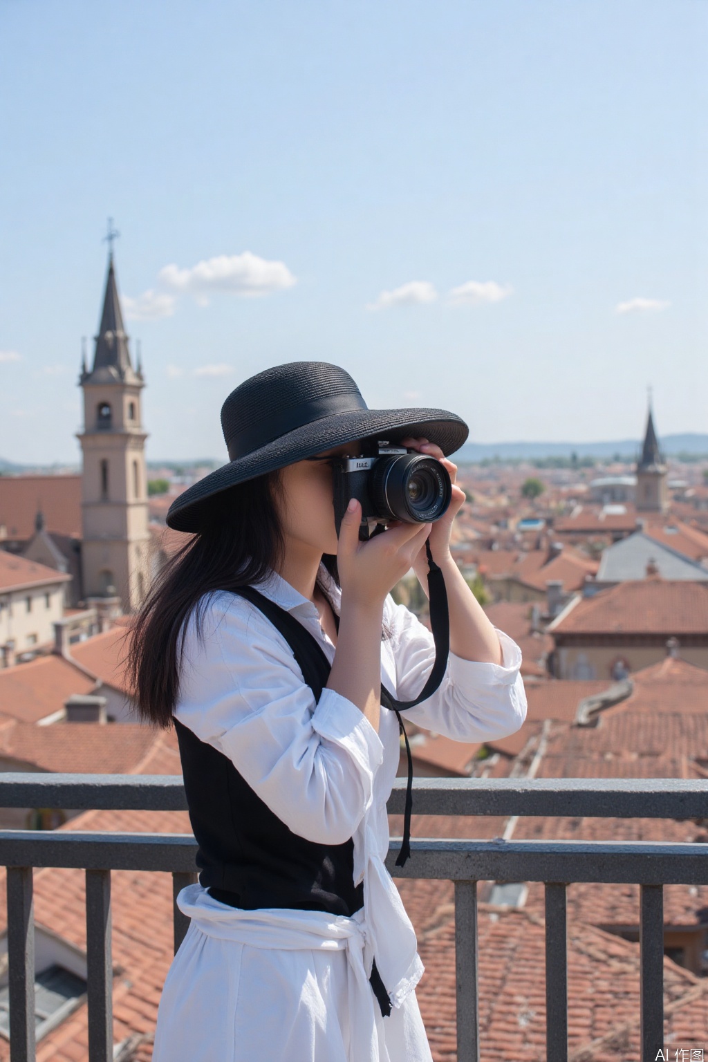 The image shows a person taking a photograph with a camera. The individual is wearing a wide-brimmed black hat, a white shirt tied around the waist, and a black top. They are standing on a balcony with a metal railing, overlooking a town with red-tiled roofs and a prominent church with a bell tower in the background. The sky is clear with some clouds, and the overall setting appears to be a sunny day.
