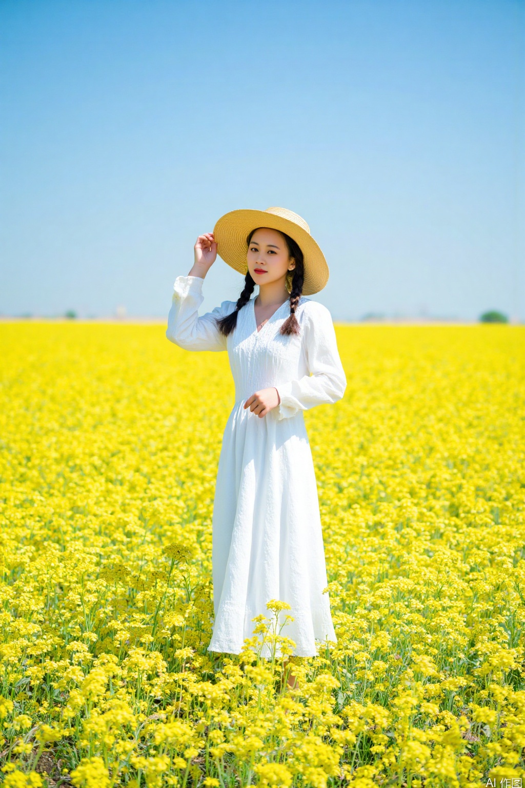 The image shows a person standing in a field of vibrant yellow flowers, which appear to be rapeseed. The individual is wearing a long white dress and a large straw hat, with their hair styled in braids. The background is a clear blue sky, and the field extends into the distance, creating a serene and picturesque scene.