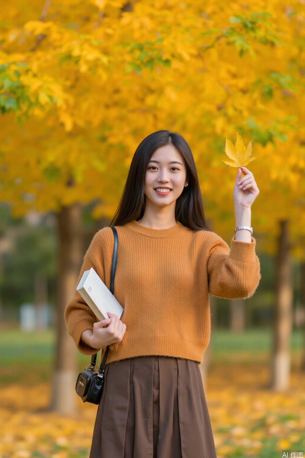 The image shows a young woman standing outdoors in a park during autumn. She is holding a yellow leaf in her right hand and a book in her left hand. She is wearing a brown sweater over a brown skirt and has a small black bag slung over her shoulder. The background is filled with vibrant yellow and green foliage, suggesting a fall setting. The woman is smiling and looking at the camera.