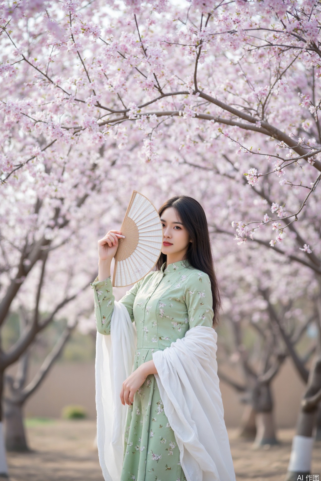 The image shows a woman standing outdoors, surrounded by blooming cherry blossom trees. She is dressed in a traditional green dress with butterfly patterns and is holding a round, bamboo-style fan. A white shawl is draped over her shoulders, adding elegance to her appearance. The background is filled with delicate pink cherry blossoms, creating a serene and picturesque scene.