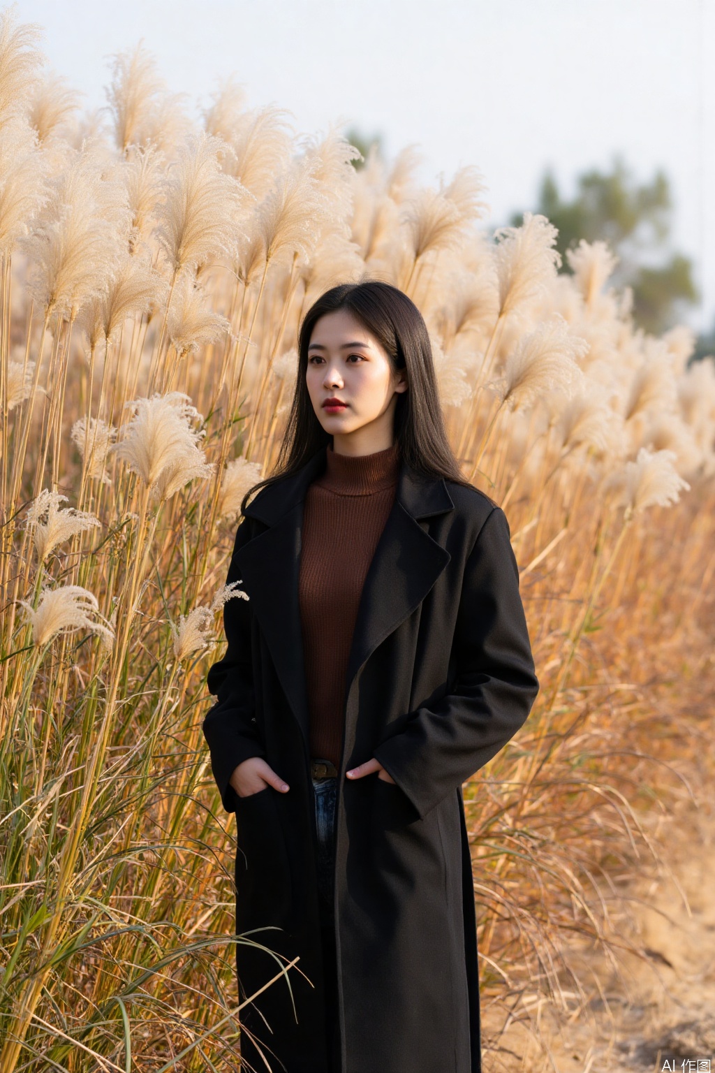 The image shows a person standing in a field of tall, golden grasses, which appear to be ornamental grasses. The person is dressed in a black coat over a brown turtleneck sweater and blue jeans. The background consists of a field of similar tall grasses, creating a natural and serene setting. The lighting suggests it might be late afternoon or early evening, casting a warm glow on the scene.