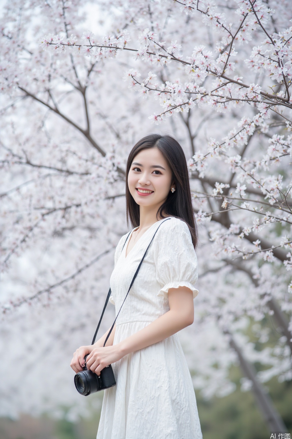 The image shows a young woman standing outdoors, dressed in a white, textured dress with short sleeves. She is holding a small black camera with a strap around her neck. The background features blooming cherry blossom trees, with delicate white flowers and branches visible. The overall scene has a serene and natural atmosphere, with soft focus on the background, emphasizing the woman and the blossoms.