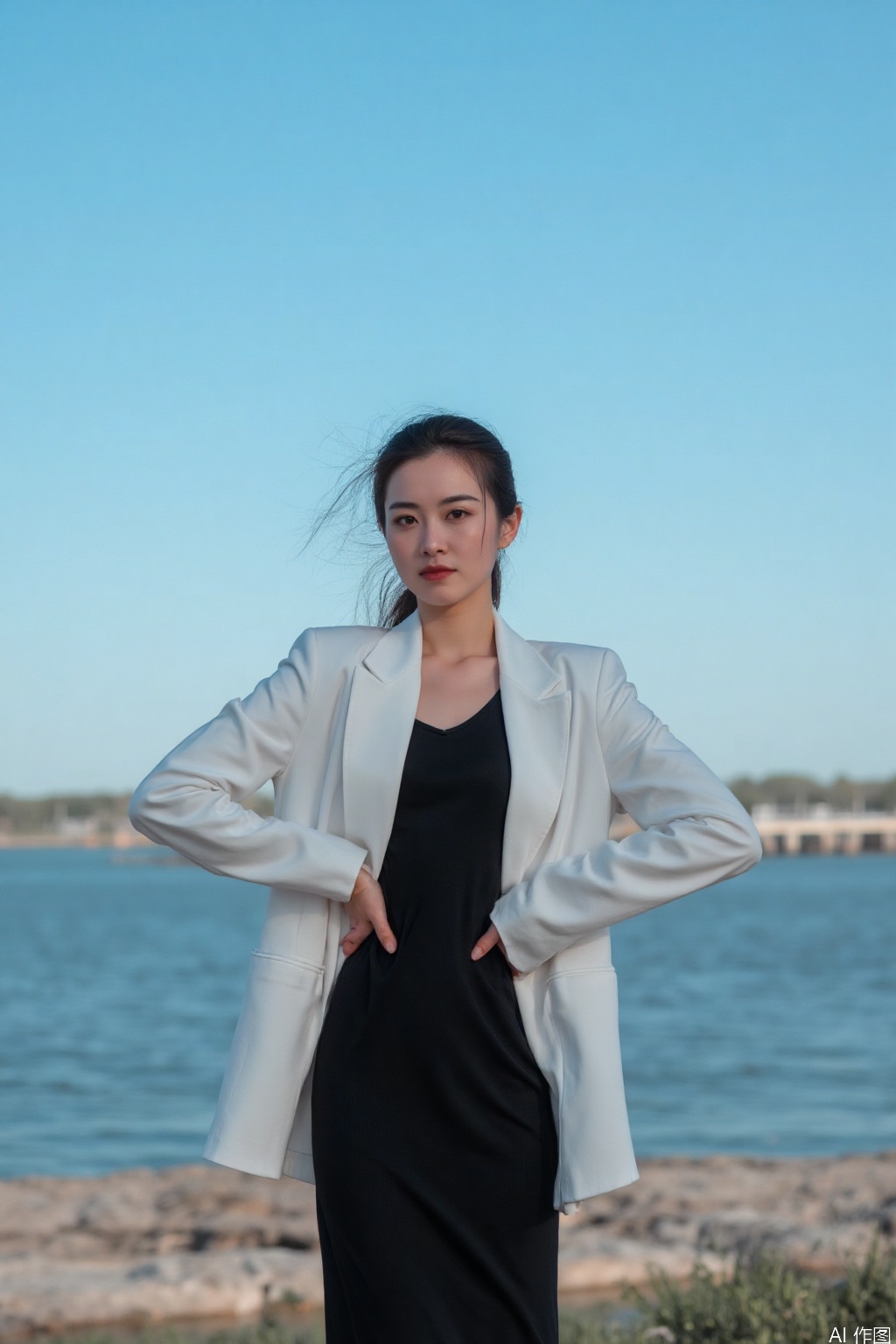The image shows a person standing outdoors, with a clear blue sky in the background. The individual is wearing a black dress and a white blazer. Their hair is styled, and they have a confident pose with hands on their hips. The background features a body of water, possibly a lake or ocean, and a distant shoreline with some structures, possibly a pier or dock. The overall setting appears to be serene and natural.