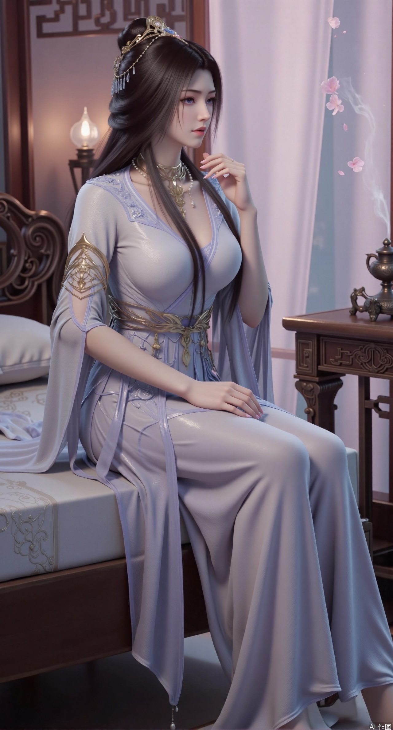 (masterpiece, best quality:1.2),Ancient Chinese boudoir scene, Hanfu dress ,sitting sideways on an intricately carved wooden bed, soft natural light filtering through sheer silk curtains, satin bedding with delicate sheen, detailed traditional Chinese Gongbi painting style, subtle celadon color palette, background featuring vintage dressing table and embroidered screen, falling plum blossom petals near window and wispy smoke from bronze incense burner, 8K resolution with intricate fabric draping and wood grain textures,,(huge breasts:2.99),(full breasts:2.89), 