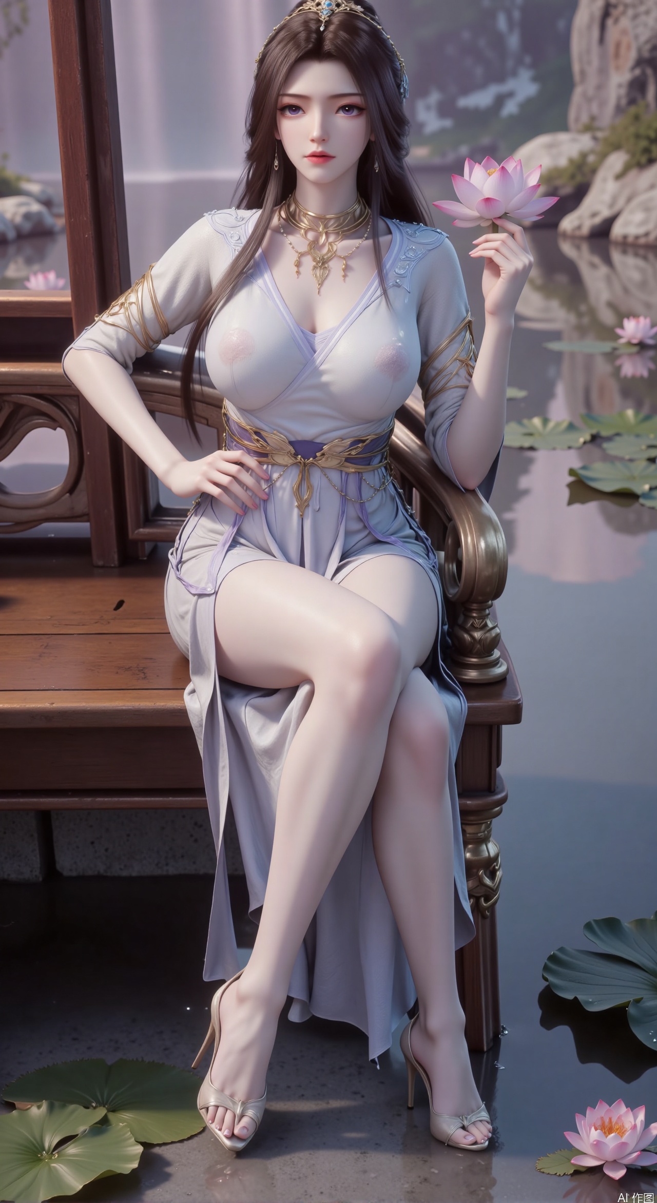  SFW,(masterpiece:1.2),best quality,The image is a digital illustration of a young woman sitting on a wooden bench in a pond with lily pads. She is wearing a long dress with design on the chest and sleeves. The dress has a high neckline and short sleeves,Holding a lotus in hand. She has long dark hair styled in loose waves and is wearing gold high heels. The woman is posing with one hand on her hip and the other resting on the edge of the bench. The background is filled with pink and white lotus flowers and green leaves. The overall mood of the image is peaceful and serene,(huge breasts:2.99),(full breasts:2.99),(Background with traditional Chinese architecture, lotus pond and pink lotus flowers:1.39),