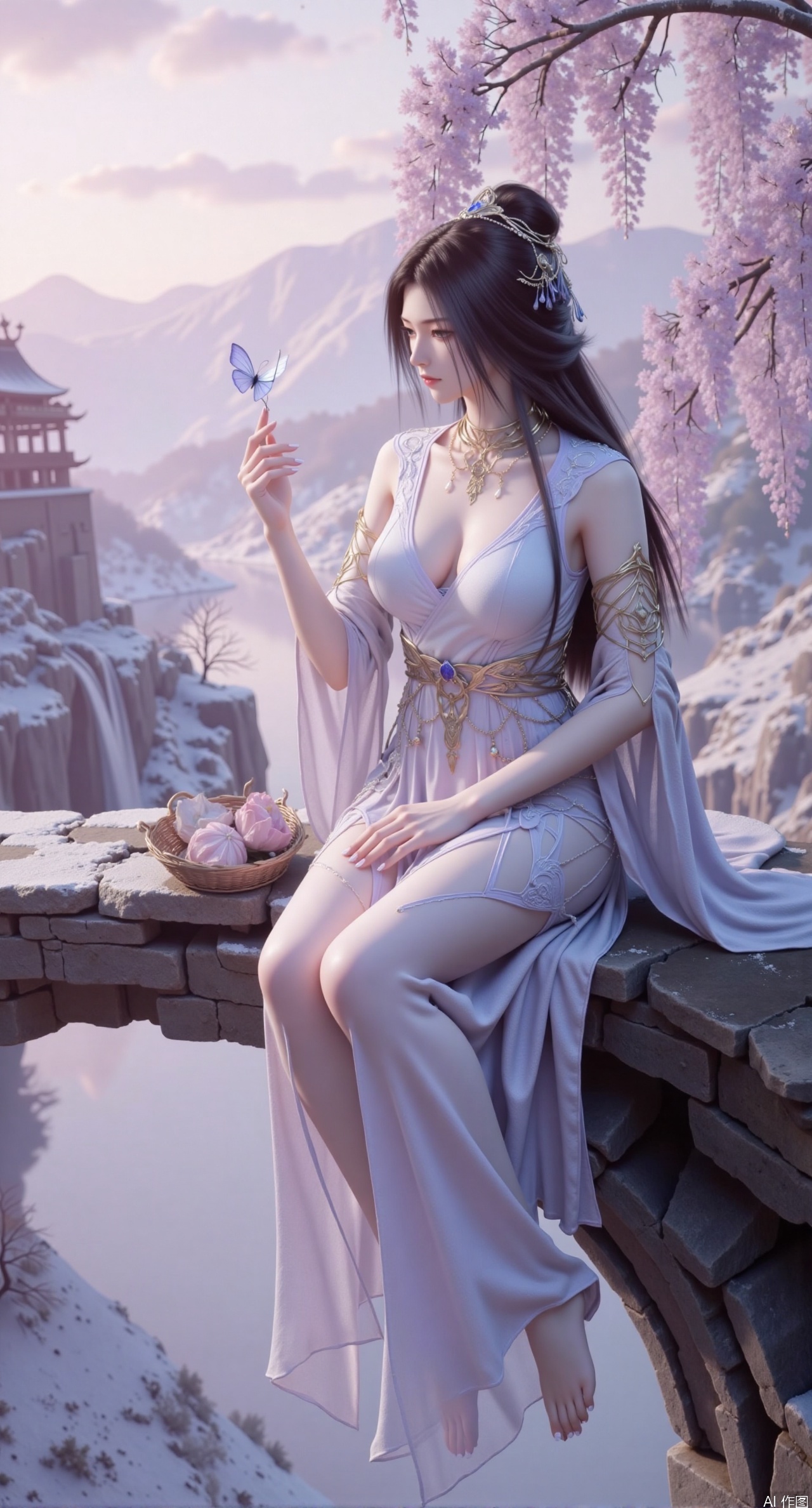 SFW,(masterpiece, top quality, best quality, official art, beautiful and aesthetic:1.2),Dynamic posture,(Sitting on the cherry tree:1.39),natural skin texture,(Milky skin:1.2),1gir,solo,long Dress,
(Long legs, perfect proportions:1.2),(Sakura, butterfly:1.29),(huge breasts:2.99),(full breasts:2.99),Wisteria, wisteria flowers, castle, waterfall, mountains in the distance,