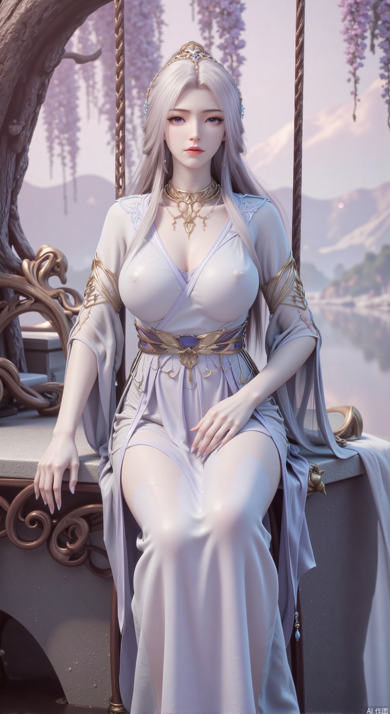 SFW,(masterpiece, top quality, best quality, official art, beautiful and aesthetic:1.2),Dynamic posture,(Sitting on the swing:1.39),natural skin texture,(Milky skin:1.2),1gir,solo,long Dress,
(Long legs, perfect proportions:1.2),(Sakura, butterfly:1.29),(huge breasts:2.99),(full breasts:2.99),Wisteria, wisteria flowers, castle, waterfall, mountains in the distance,