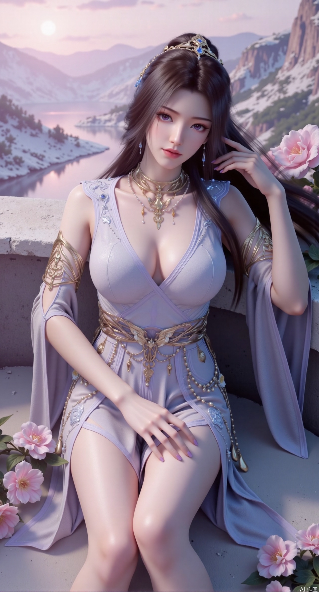 SFW,(masterpiece:1.2),best quality,absurdres,masterpiece,original,extremely detailed wallpaper,perfect lighting,This is a digital illustration featuring a beautiful,young Asian woman with a slender,elegant physique. She is lying on her side in a lush,white and pink flowers.(huge breasts:2.99),(full breasts:2.99),Her long,dark hair is styled in a high ponytail,adorned with a delicate,floral hair accessory. She has fair skin and striking red lips,with a serene,slightly seductive expression. Her attire is a revealing,fantasy-style dress with intricate lace and beading details,highlighting her ample breasts and slender waist. The dress has a sheer,flowing quality,with a detached sleeve and a high slit,revealing her toned legs. She wears matching high heels with intricate straps. The background features rolling hills and a distant lake,under a soft,pastel sky,creating a tranquil,dreamy atmosphere. The overall style of the illustration is highly detailed,