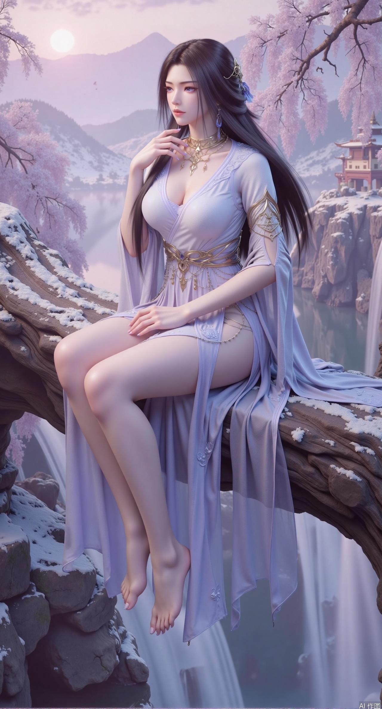 SFW,(masterpiece, top quality, best quality, official art, beautiful and aesthetic:1.2),Dynamic posture,(Sitting on the cherry tree:1.39),natural skin texture,(Milky skin:1.2),1gir,solo,long Dress,
(Long legs, perfect proportions:1.2),(Sakura, butterfly:1.29),(huge breasts:2.99),(full breasts:2.99),Wisteria, wisteria flowers, castle, waterfall, mountains in the distance,