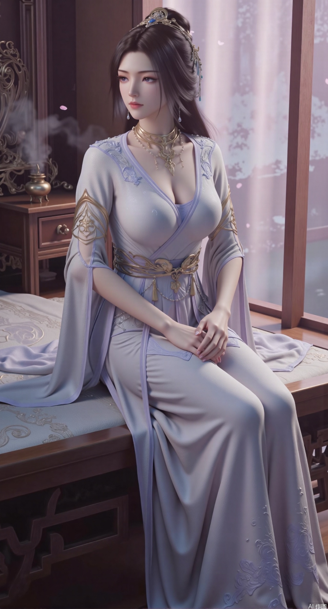 (masterpiece, best quality:1.2),Ancient Chinese boudoir scene, Hanfu dress ,sitting sideways on an intricately carved wooden bed, soft natural light filtering through sheer silk curtains, satin bedding with delicate sheen, detailed traditional Chinese Gongbi painting style, subtle celadon color palette, background featuring vintage dressing table and embroidered screen, falling plum blossom petals near window and wispy smoke from bronze incense burner, 8K resolution with intricate fabric draping and wood grain textures,,(huge breasts:2.99),(full breasts:2.89), 