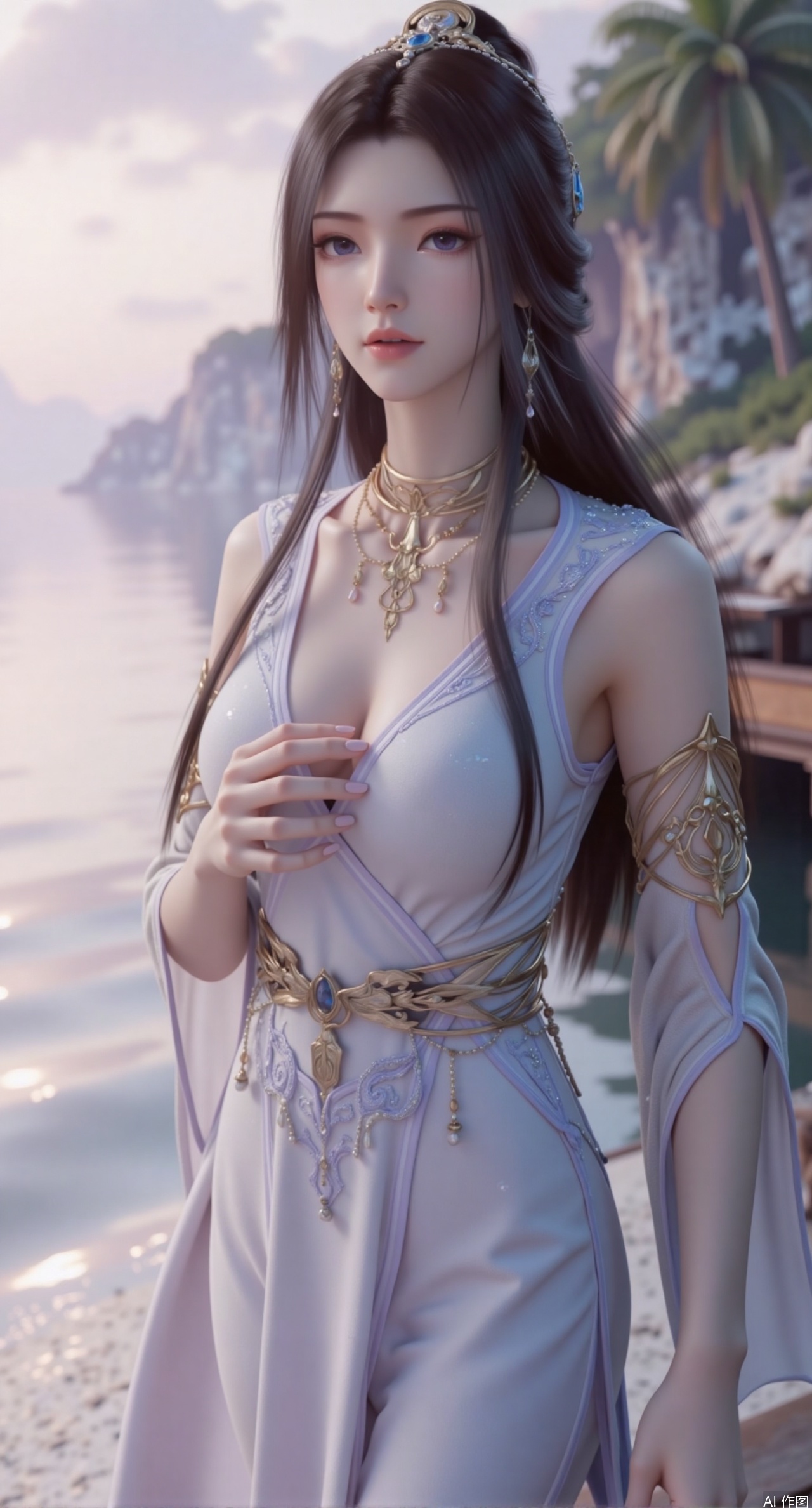 SFW,(masterpiece:1.2),best quality,absurdres,masterpiece,original,extremely detailed wallpaper,perfect lighting,1girl,solo,looking at viewer,(cowboy_shot:1.3),long hair,high heels,blurry background,depth of field,motion blur,(long dress:1.23),china_dress,chinese_style,bare shouders,crystal_earrings,headpiece,hair_tie,chest_jewel,gem,necklace,jewelry,in summer,day,outdoors,nature,garden,,(standing,Seaside, beach, sailboat, coconut trees:1.59),(huge breasts:2.99),(full breasts:2.99),