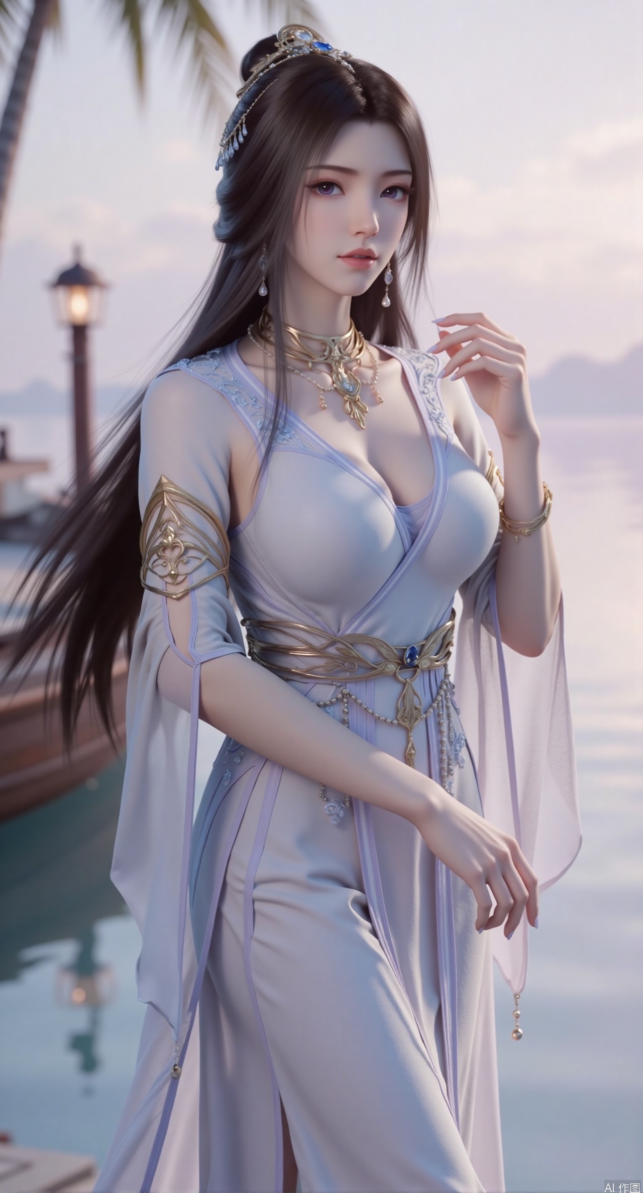 SFW,(masterpiece:1.2),best quality,absurdres,masterpiece,original,extremely detailed wallpaper,perfect lighting,1girl,solo,looking at viewer,(cowboy_shot:1.3),long hair,high heels,blurry background,depth of field,motion blur,(long dress:1.23),china_dress,chinese_style,bare shouders,crystal_earrings,headpiece,hair_tie,chest_jewel,gem,necklace,jewelry,in summer,day,outdoors,nature,garden,,(standing,Seaside, beach, sailboat, coconut trees:1.59),(huge breasts:2.99),(full breasts:2.99),