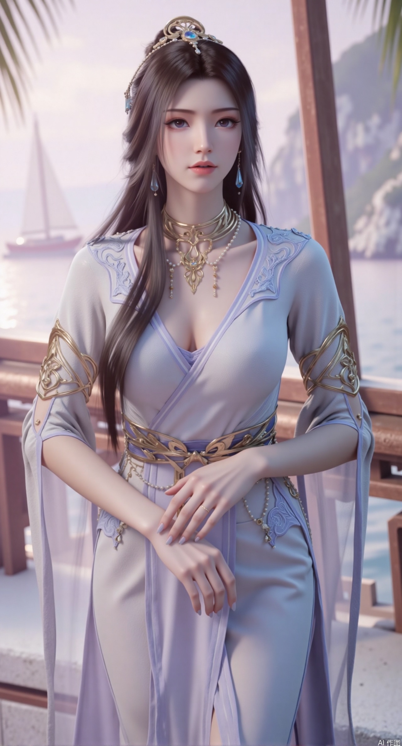 SFW,(masterpiece:1.2),best quality,absurdres,masterpiece,original,extremely detailed wallpaper,perfect lighting,1girl,solo,looking at viewer,(cowboy_shot:1.3),long hair,high heels,blurry background,depth of field,motion blur,(long dress:1.23),china_dress,chinese_style,bare shouders,crystal_earrings,headpiece,hair_tie,chest_jewel,gem,necklace,jewelry,in summer,day,outdoors,nature,garden,,(standing,Seaside, beach, sailboat, coconut trees:1.59),(huge breasts:2.99),(full breasts:2.99),