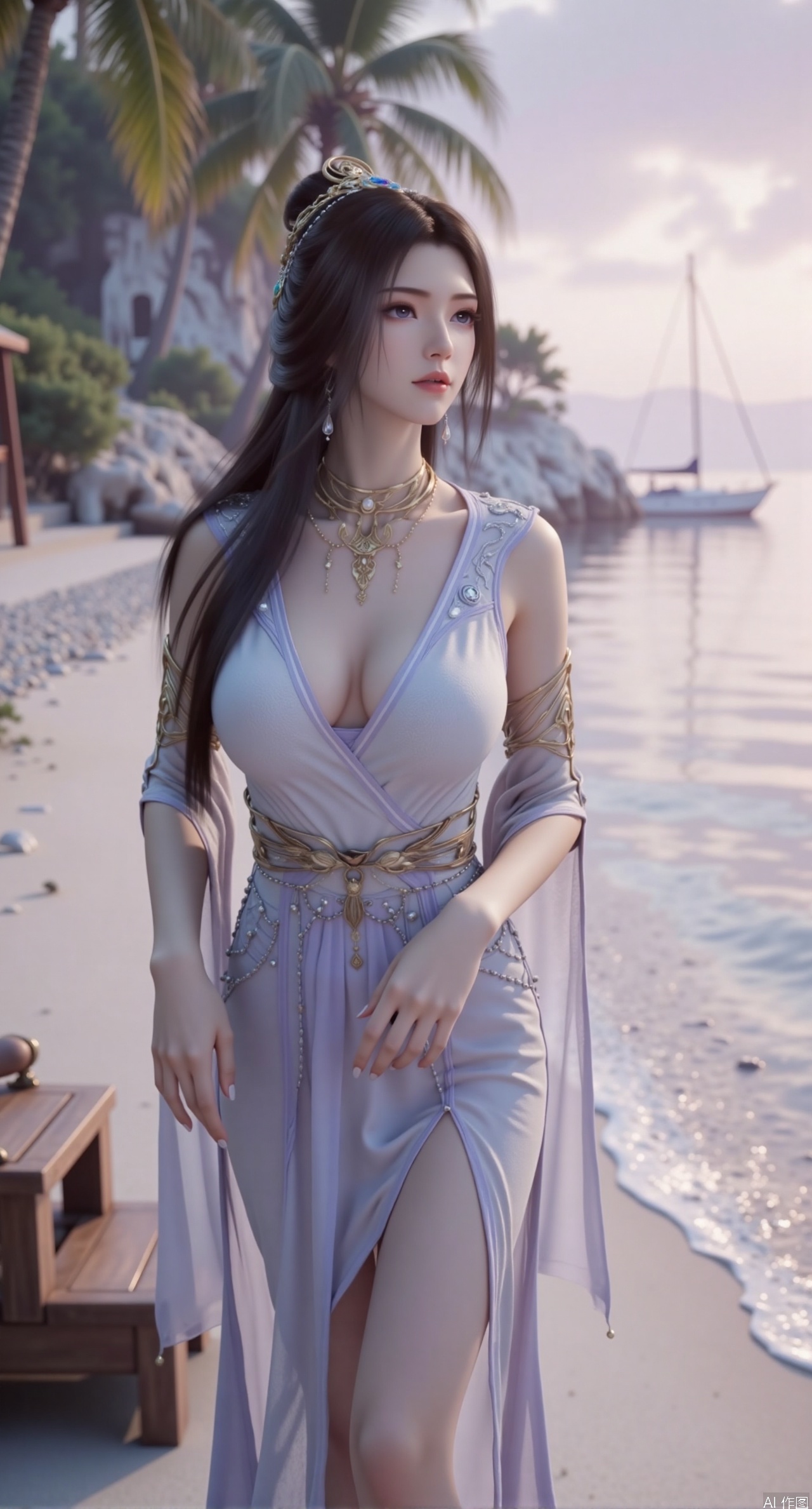 SFW,(masterpiece:1.2),best quality,absurdres,masterpiece,original,extremely detailed wallpaper,perfect lighting,1girl,solo,looking at viewer,(cowboy_shot:1.3),long hair,high heels,blurry background,depth of field,motion blur,(long dress:1.23),china_dress,chinese_style,bare shouders,crystal_earrings,headpiece,hair_tie,chest_jewel,gem,necklace,jewelry,in summer,day,outdoors,nature,garden,,(standing,Seaside, beach, sailboat, coconut trees:1.59),(huge breasts:2.99),(full breasts:2.99),