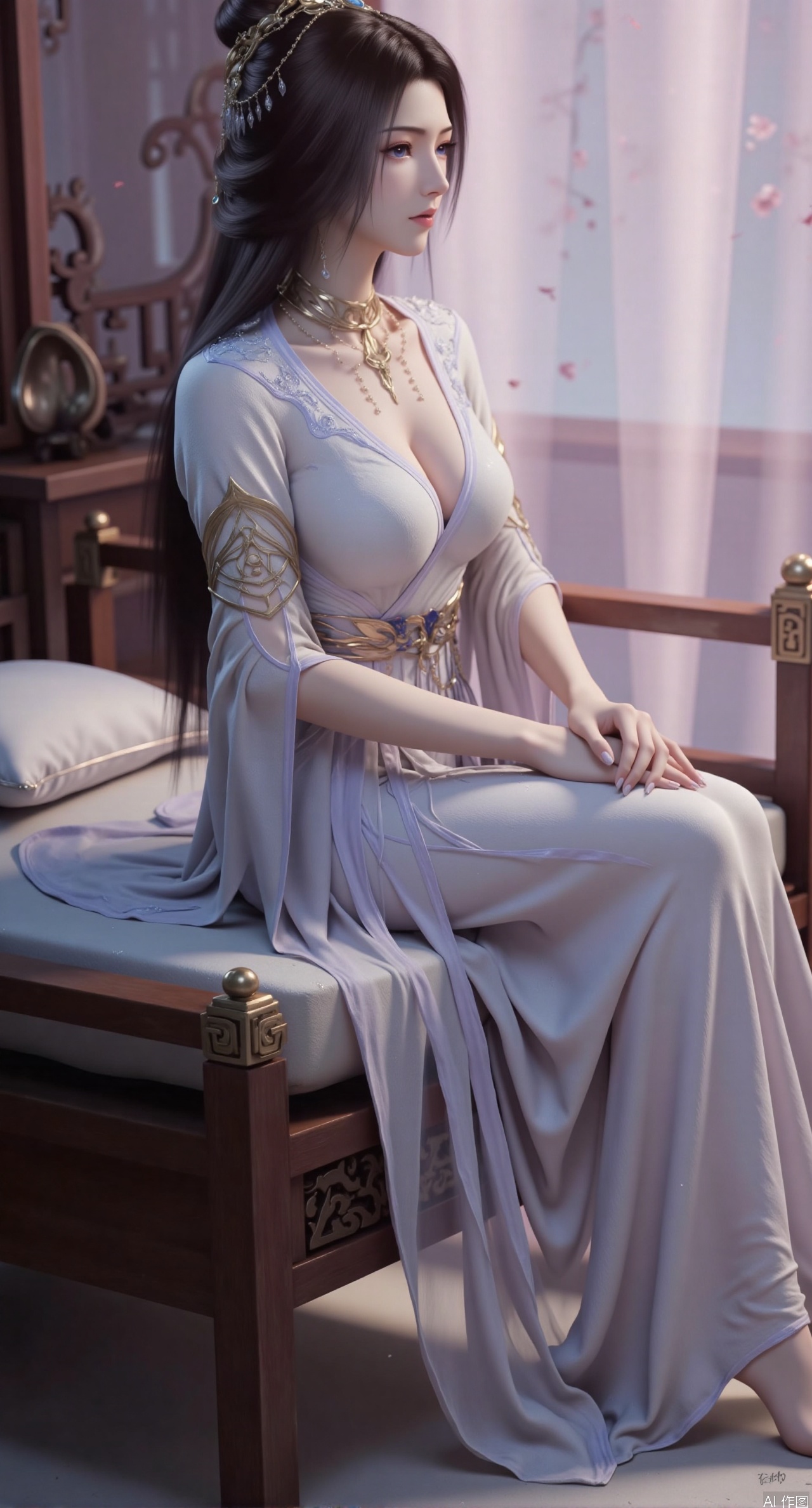 (masterpiece, best quality:1.2),Ancient Chinese boudoir scene, Hanfu dress ,sitting sideways on an intricately carved wooden bed, soft natural light filtering through sheer silk curtains, satin bedding with delicate sheen, detailed traditional Chinese Gongbi painting style, subtle celadon color palette, background featuring vintage dressing table and embroidered screen, falling plum blossom petals near window and wispy smoke from bronze incense burner, 8K resolution with intricate fabric draping and wood grain textures,,(huge breasts:2.99),(full breasts:2.89), 