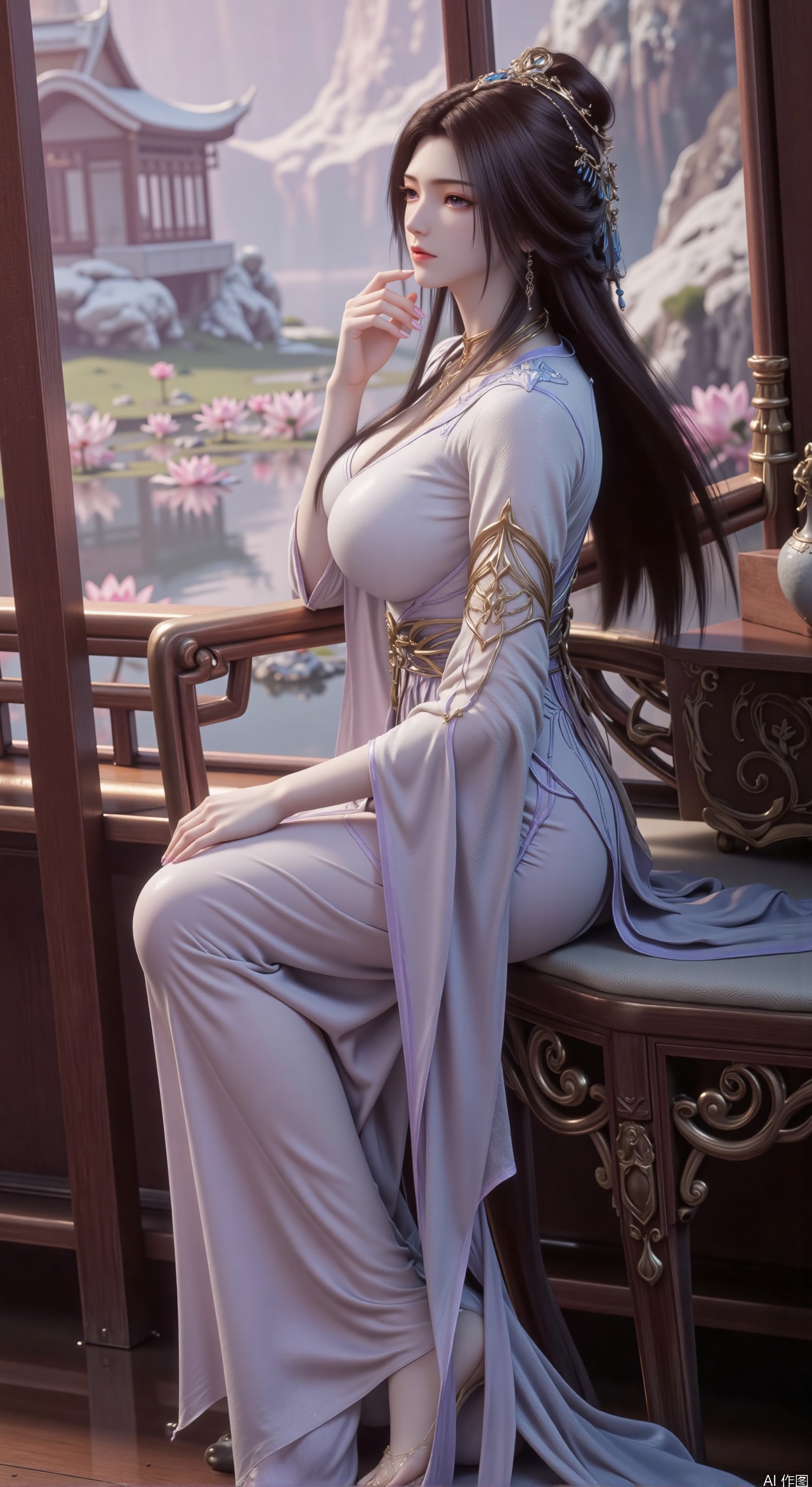 SFW,(masterpiece, best quality:1.2),1girl, solo, long dress,Ancient princess's boudoir with bright color palette, Hanfu-clad maiden sitting by latticed window desk in romantic daydreaming posture,  classical Chinese garden through window showcasing lotus pond filled with blooming pink and white lotuses, delicate ink-wash painting style, interior featuring rosewood furniture with mother-of-pearl inlay, silk curtains fluttering in breeze, porcelain stationery set on desk, distant view of curved bridges and pavilions in garden, ultra HD rendering with crisp details on embroidered garments and translucent lotus petals,,(huge breasts:2.99),(full breasts:2.89), 