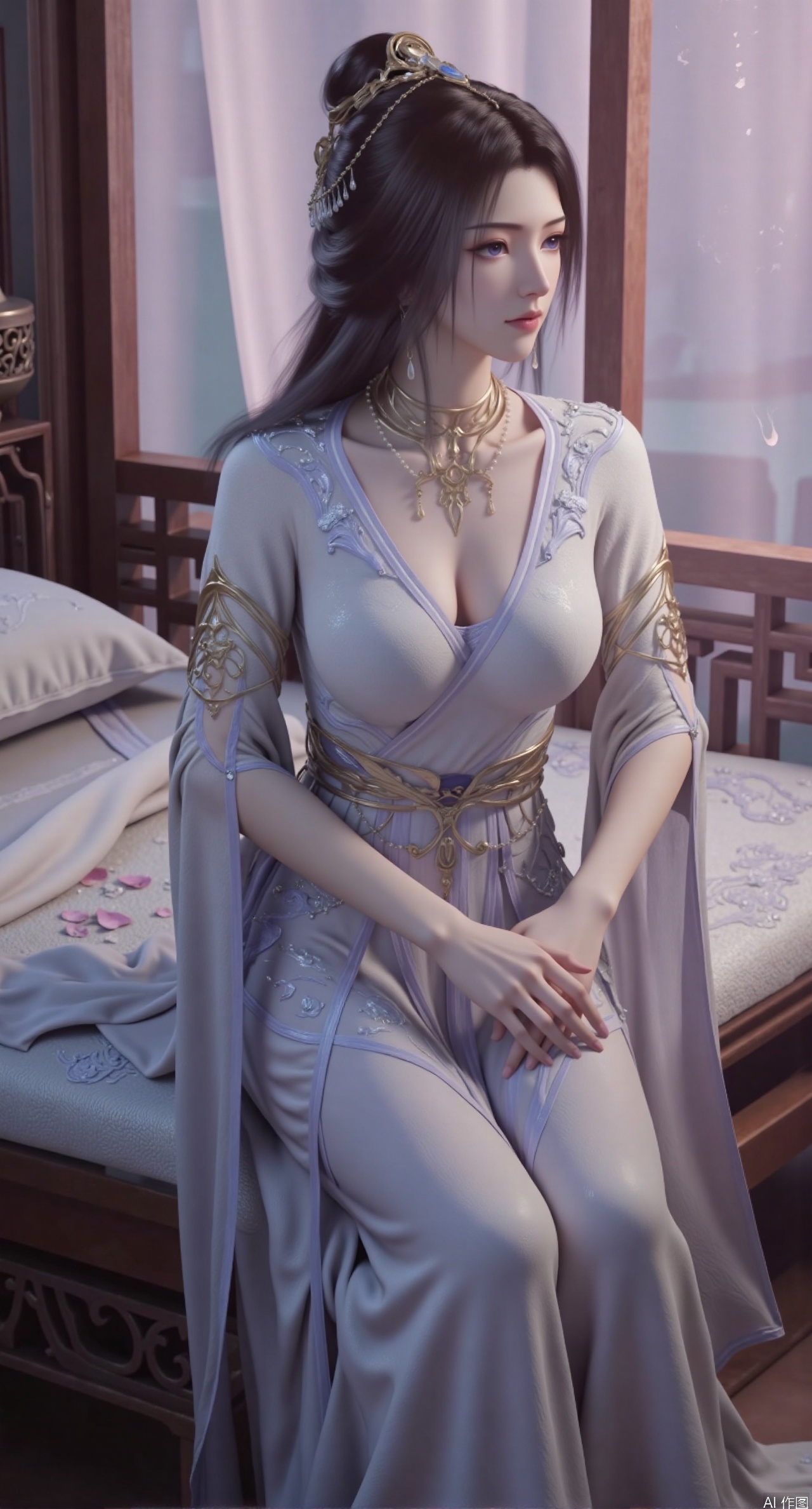 (masterpiece, best quality:1.2),Ancient Chinese boudoir scene, Hanfu dress ,sitting sideways on an intricately carved wooden bed, soft natural light filtering through sheer silk curtains, satin bedding with delicate sheen, detailed traditional Chinese Gongbi painting style, subtle celadon color palette, background featuring vintage dressing table and embroidered screen, falling plum blossom petals near window and wispy smoke from bronze incense burner, 8K resolution with intricate fabric draping and wood grain textures,,(huge breasts:2.99),(full breasts:2.89), 