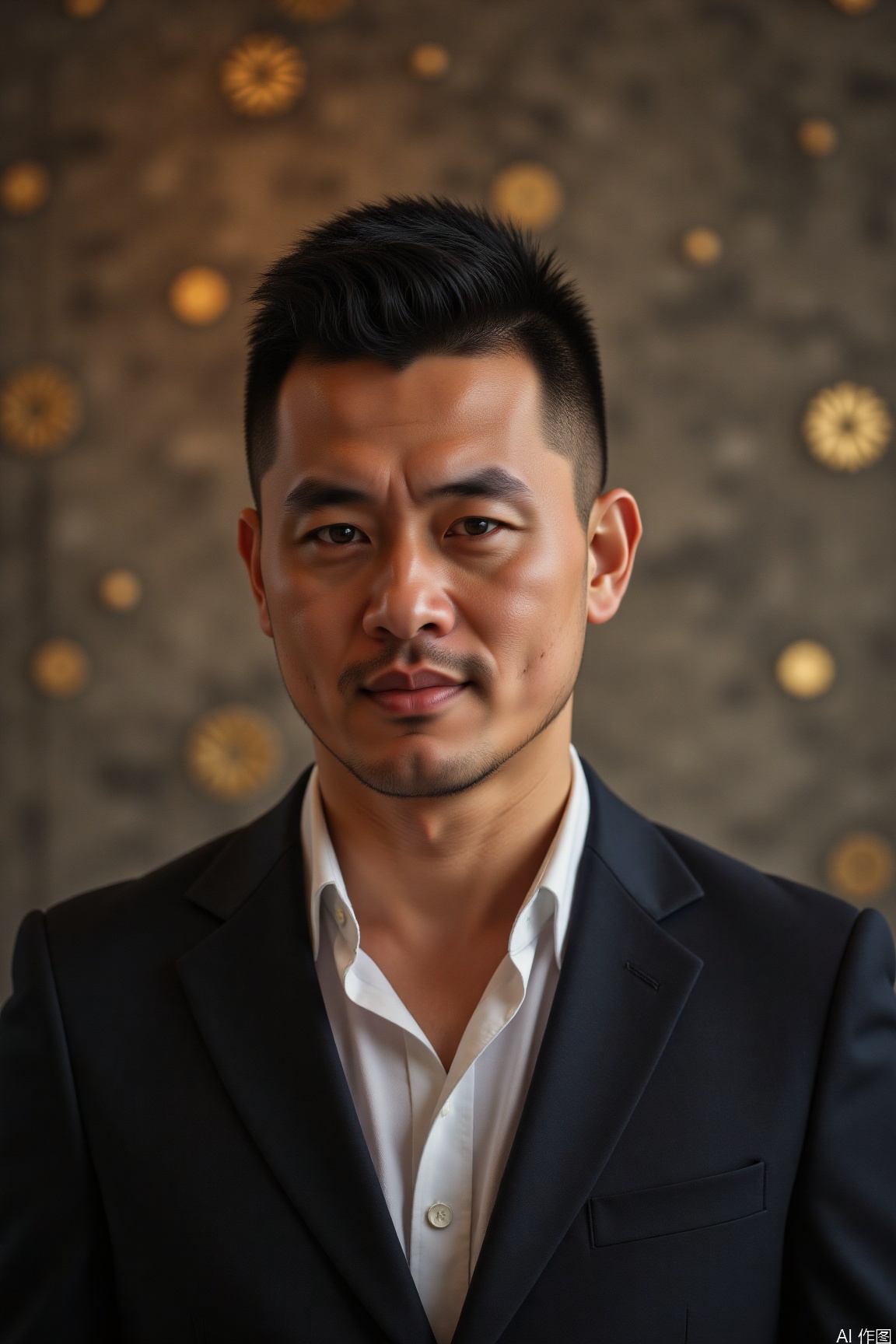  A manly man, Very short hair,with his rough, short, and hard head neatly arranged, and his waxing luster shining brightly in the light., Shoot with Canon 5D Mark IV at a speed of f/1.8 and 1/100 second. The color tone is elegant with a slight decorative effect, highlighting the quality of the portrait., Motion blur effect, cinematic texture background,asianman