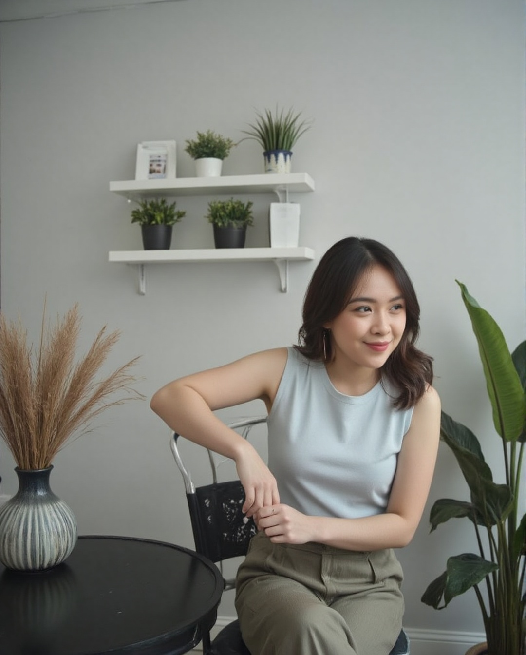 Create a realistic photoshoot scene using a Canon EOS 1D camera with a 50mm Canon RF lens set at f/1.4 aperture. Capture a...