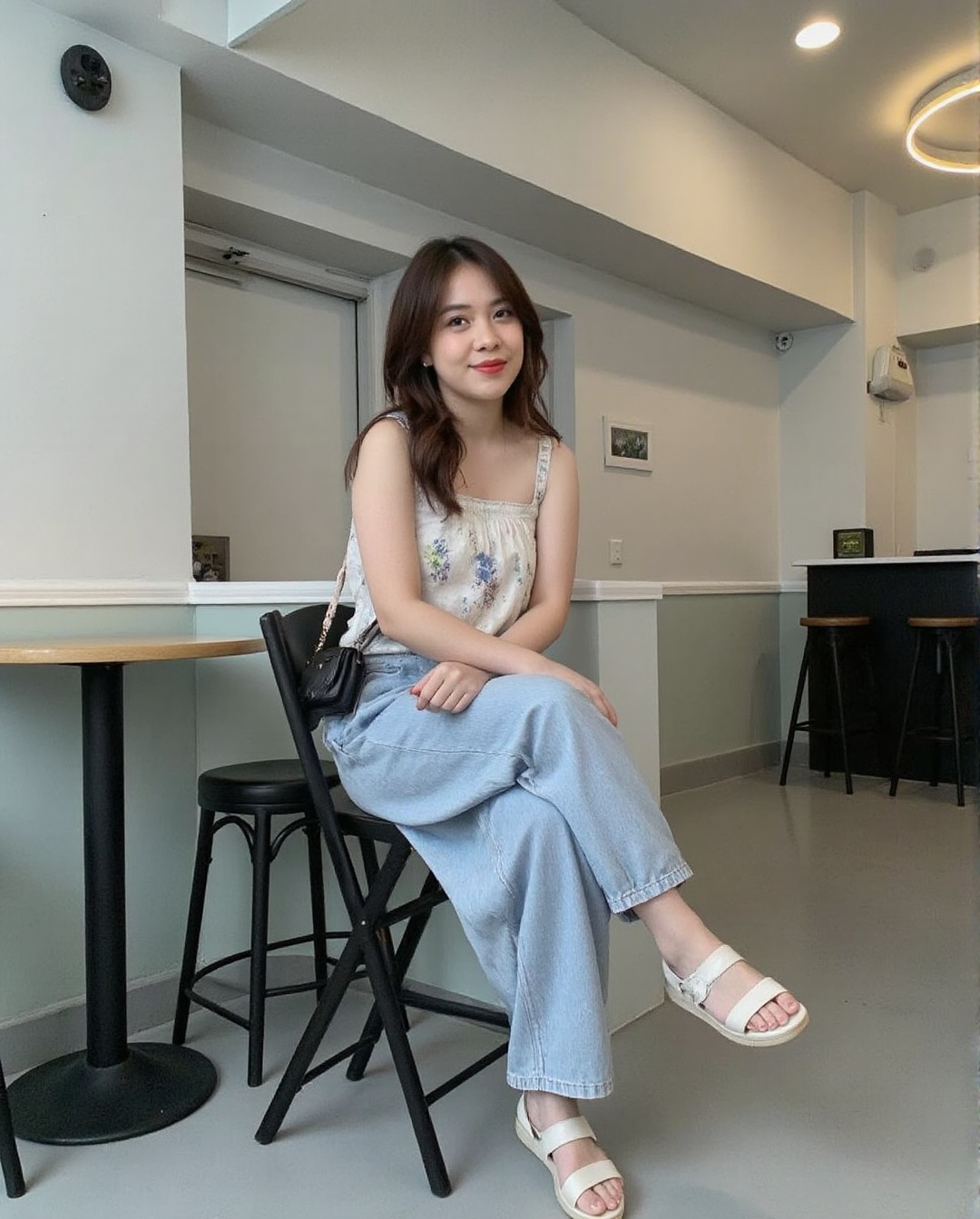 Create a realistic photoshoot for an indoor minimalist style café. Capture the scene using a Canon EOS 1D camera with a 50...