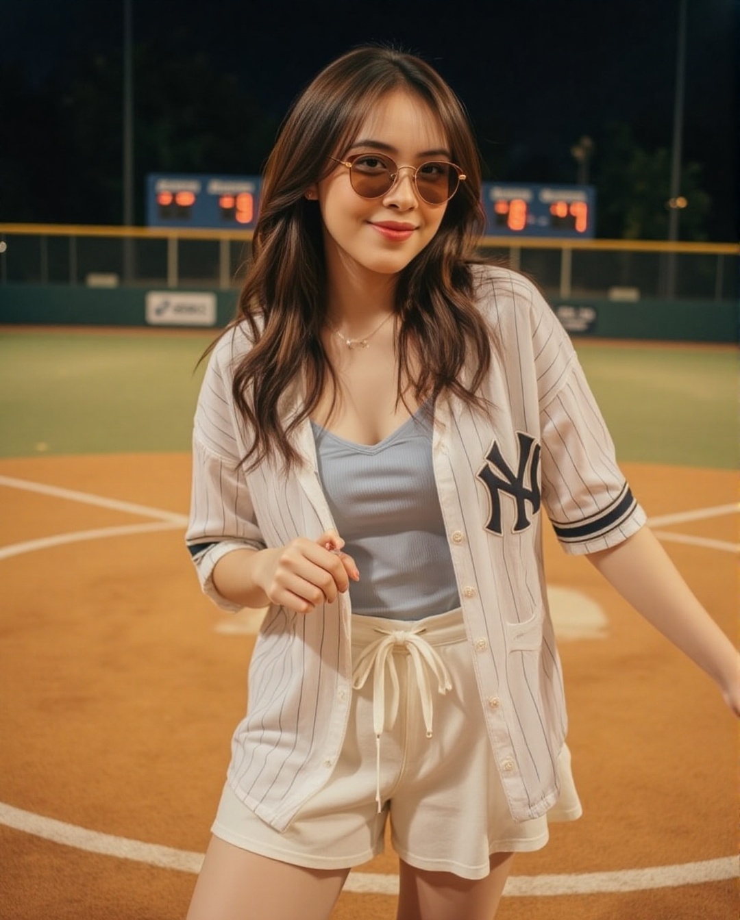 A woman stands confidently,  her flowing hair catching the breeze as she wears a sexy,  unbuttoned white New York baseball...