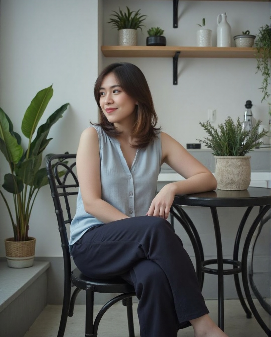 Create a realistic photoshoot using a Canon EOS 1D camera with a 50mm Canon RF lens set at f/1.4 aperture. Capture a woman...