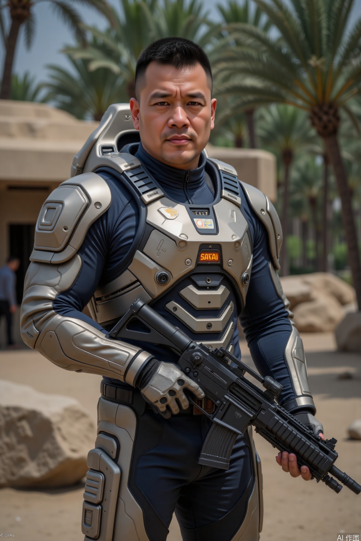 asianman,A man with excellent temperament,manly,outdoor,solo,realistic,male focus, muscular, Skin texture,Future style gel coat,Future Combat Suit,large Pectoral,Glowing Clothing,Laser gun,Future Technology Space Station,full body,high detail, ultra-high resolution,32K UHD, clear focus, best quality, masterpiece,jzns,plns,dnk,strong bear