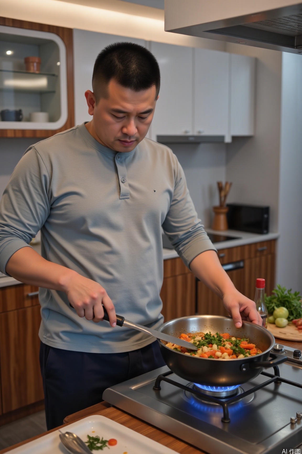 asianman,A man with excellent temperament,manly,outdoor,solo,In that bright kitchen, a man was busy like a warrior. His tall body looks particularly upright in the kitchen, and his broad shoulders seem to be able to carry the whole world. Wearing simple home clothes, he can't hide his masculinity. The cuffs are rolled up casually, revealing his muscular arms, which are strong and full of strength. On the stove, the blue flame burned brightly, just like the fighting spirit in a man's heart. The ingredients in the pot rolled enthusiastically under his vigorous stir-frying, making an exciting sizzling sound. His left hand holding the handle of the pot was firm and steady, and his right hand waved the shovel decisively and swiftly. Every flip carried a sense of courage and determination. On the cooking table next to him, the fresh ingredients seemed to be injected with masculine vitality as he fiddled with them. He picked up the knife and moved it up and down with clean hands, cutting the vegetables neatly, demonstrating his precision and ability. The condiment bottle is easily controlled in his big hands, and every time the condiments are sprinkled in, it is just right. His face is chiseled and his eyes are focused and resolute, revealing an indomitable spirit. The slight beads of sweat on his forehead were testimony to his efforts. The aroma of food filling the kitchen is intertwined with his masculinity, seeming to tell a story about responsibility and responsibility. He used his strength and gentleness to build a harbor full of happiness for his family.