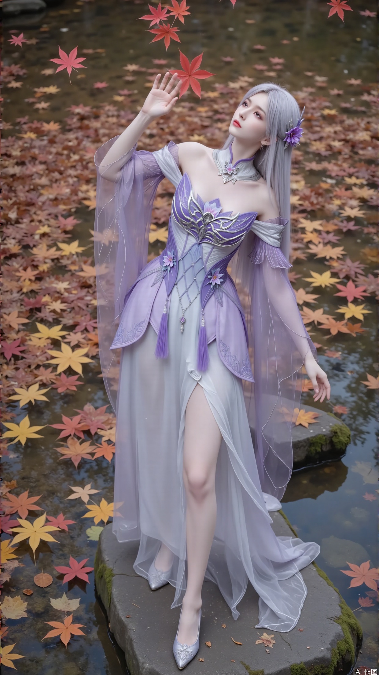 Composition: Adopting a vertical composition method, this composition can cleverly combine the main character with rich environmental elements within a limited frame. The woman is located in the center lower position of the picture, highlighting the subject and leaving space for the red maple leaves falling from above and the surrounding fallen leaves, creating a sense of hierarchy and depth in the picture. Maples. Water pool. Clear and transparent water. A stone covered in moss. Clear and transparent water. Maple leaves floating on the water.
Action: She stands on a stone. The woman's posture is elegant and dynamic. She gently lifts her hands and touches the falling maple leaves in the air, leaning back slightly. This action not only showcases the softness of the woman, but also seems to interact with the falling maple leaves, as if feeling the autumn atmosphere, giving people a sense of agility and elegance, as if she will fly with the autumn wind and fallen leaves in the next moment.
-Silver white long hair, waist length, with purple hair accessories on both sides of the head to add a touch of liveliness, and a small purple flower pinned to one side.
clothing
-Wearing a dress with a gradient of light purple and white as the main colors. The upper part features a tight corset design, with purple as the main color tone, adorned with delicate patterns and three-dimensional petal shaped decorations, highlighting the curves of the figure. The shoulder is designed with exposed shoulders, paired with wide sleeves made of sheer material. The sleeves are embroidered with light purple flowers, which are light and elegant, adding a touch of transparency and fairy charm. High collar. The collar has exquisite decorations.
-The skirt below the waist is wide, with layers of white chiffon cascading down naturally, creating a flowing feeling as if it were drifting with the wind. The edge of the skirt is decorated with delicate dark patterns, adding a sense of detail.
Makeup
-The makeup is elegant and clear, with delicate eyebrows and a color that matches the hair tone, presenting a light silver gray color. The eye makeup is mainly in light purple color, naturally blended, with slightly raised eye tips, adding a touch of agility and mystery. Paired with distinct eyelashes, it makes the eyes bright and lively. The lip color is light pink with low saturation, presenting a natural moisturizing sensation. The overall makeup highlights the ethereal and cool temperament of the character.
Wearing a pair of light purple high heels on the feet, the shoe shape is elegant and consistent with the overall clothing color tone. The upper may have small crystal or silk decorations, low-key yet gorgeous.
Image quality
-High resolution, rich image details, clear and distinguishable texture of clothing, hair, skin texture, etc. It has realistic light and shadow effects, with natural transitions between highlights and shadows, which can reflect the different characteristics of materials, such as the smoothness of silk, the lightness of chiffon, and the luster of metal jewelry.
Background: The ground is covered with layers of fallen leaves, ranging from dry yellow to orange red, with rich and natural colors, as if it were a magnificent carpet laid by nature. A few maple leaves are still falling in the sky, further enhancing the atmosphere of autumn. These fallen leaves and falling maple leaves not only serve as a backdrop to highlight the beauty of the woman, but also complement her clothing colors and movements, creating a beautiful, romantic, and slightly melancholic atmosphere, as if telling a story of autumn.