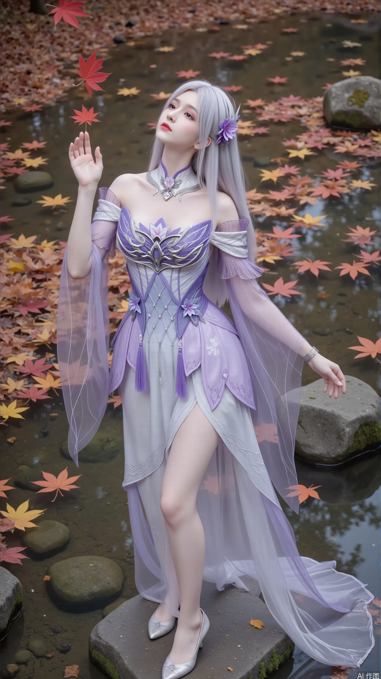 Composition: Adopting a vertical composition method, this composition can cleverly combine the main character with rich environmental elements within a limited frame. The woman is located in the center lower position of the picture, highlighting the subject and leaving space for the red maple leaves falling from above and the surrounding fallen leaves, creating a sense of hierarchy and depth in the picture. Maples. Water pool. Clear and transparent water. A stone covered in moss. Clear and transparent water. Maple leaves floating on the water.
Action: She stands on a stone. The woman's posture is elegant and dynamic. She gently lifts her hands and touches the falling maple leaves in the air, leaning back slightly. This action not only showcases the softness of the woman, but also seems to interact with the falling maple leaves, as if feeling the autumn atmosphere, giving people a sense of agility and elegance, as if she will fly with the autumn wind and fallen leaves in the next moment.
-Silver white long hair, waist length, with purple hair accessories on both sides of the head to add a touch of liveliness, and a small purple flower pinned to one side.
clothing
-Wearing a dress with a gradient of light purple and white as the main colors. The upper part features a tight corset design, with purple as the main color tone, adorned with delicate patterns and three-dimensional petal shaped decorations, highlighting the curves of the figure. The shoulder is designed with exposed shoulders, paired with wide sleeves made of sheer material. The sleeves are embroidered with light purple flowers, which are light and elegant, adding a touch of transparency and fairy charm. High collar. The collar has exquisite decorations.
-The skirt below the waist is wide, with layers of white chiffon cascading down naturally, creating a flowing feeling as if it were drifting with the wind. The edge of the skirt is decorated with delicate dark patterns, adding a sense of detail.
Makeup
-The makeup is elegant and clear, with delicate eyebrows and a color that matches the hair tone, presenting a light silver gray color. The eye makeup is mainly in light purple color, naturally blended, with slightly raised eye tips, adding a touch of agility and mystery. Paired with distinct eyelashes, it makes the eyes bright and lively. The lip color is light pink with low saturation, presenting a natural moisturizing sensation. The overall makeup highlights the ethereal and cool temperament of the character.
Wearing a pair of light purple high heels on the feet, the shoe shape is elegant and consistent with the overall clothing color tone. The upper may have small crystal or silk decorations, low-key yet gorgeous.
Image quality
-High resolution, rich image details, clear and distinguishable texture of clothing, hair, skin texture, etc. It has realistic light and shadow effects, with natural transitions between highlights and shadows, which can reflect the different characteristics of materials, such as the smoothness of silk, the lightness of chiffon, and the luster of metal jewelry.
Background: The ground is covered with layers of fallen leaves, ranging from dry yellow to orange red, with rich and natural colors, as if it were a magnificent carpet laid by nature. A few maple leaves are still falling in the sky, further enhancing the atmosphere of autumn. These fallen leaves and falling maple leaves not only serve as a backdrop to highlight the beauty of the woman, but also complement her clothing colors and movements, creating a beautiful, romantic, and slightly melancholic atmosphere, as if telling a story of autumn.