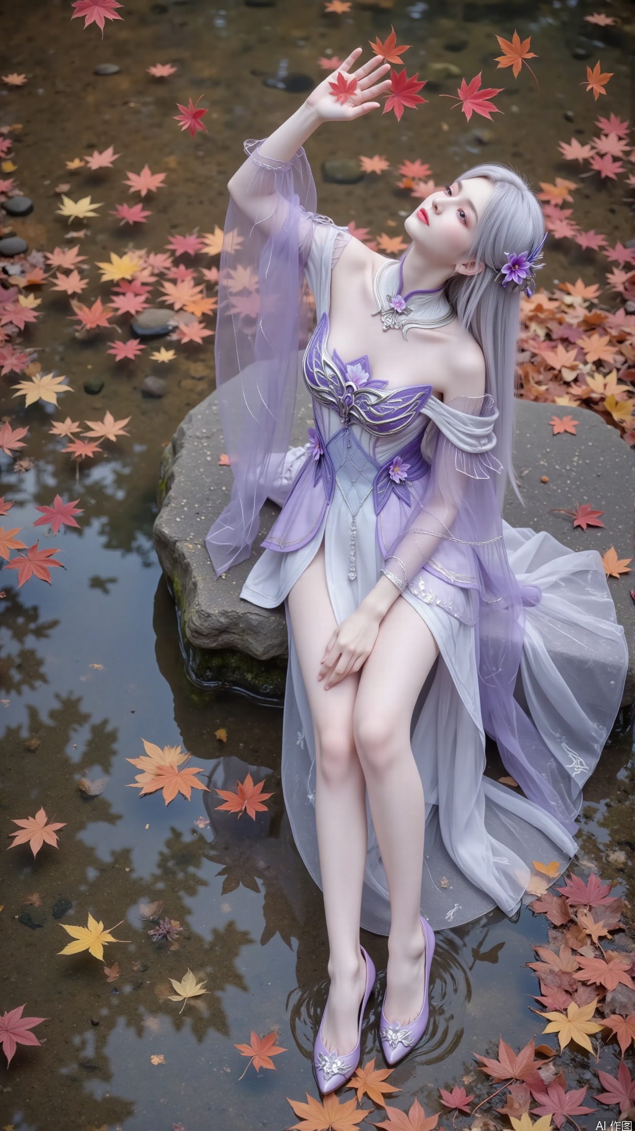 Composition: Adopting a vertical composition method, this composition can cleverly combine the main character with rich environmental elements within a limited frame. The woman is located in the center lower position of the picture, highlighting the subject and leaving space for the red maple leaves falling from above and the surrounding fallen leaves, creating a sense of hierarchy and depth in the picture. Maples. Water pool. Clear and transparent water. A stone covered in moss. Clear and transparent water. Maple leaves floating on the water.
Action: She sits on a stone. The woman's posture is elegant and dynamic. She gently lifts her hands and touches the falling maple leaves in the air, leaning back slightly. This action not only showcases the softness of the woman, but also seems to interact with the falling maple leaves, as if feeling the autumn atmosphere, giving people a sense of agility and elegance, as if she will fly with the autumn wind and fallen leaves in the next moment.
-Silver white long hair, waist length, with purple hair accessories on both sides of the head to add a touch of liveliness, and a small purple flower pinned to one side.
clothing
-Wearing a dress with a gradient of light purple and white as the main colors. The upper part features a tight corset design, with purple as the main color tone, adorned with delicate patterns and three-dimensional petal shaped decorations, highlighting the curves of the figure. The shoulder is designed with exposed shoulders, paired with wide sleeves made of sheer material. The sleeves are embroidered with light purple flowers, which are light and elegant, adding a touch of transparency and fairy charm. High collar. The collar has exquisite decorations.
-The skirt below the waist is wide, with layers of white chiffon cascading down naturally, creating a flowing feeling as if it were drifting with the wind. The edge of the skirt is decorated with delicate dark patterns, adding a sense of detail.
Makeup
-The makeup is elegant and clear, with delicate eyebrows and a color that matches the hair tone, presenting a light silver gray color. The eye makeup is mainly in light purple color, naturally blended, with slightly raised eye tips, adding a touch of agility and mystery. Paired with distinct eyelashes, it makes the eyes bright and lively. The lip color is light pink with low saturation, presenting a natural moisturizing sensation. The overall makeup highlights the ethereal and cool temperament of the character.
Wearing a pair of light purple high heels on the feet, the shoe shape is elegant and consistent with the overall clothing color tone. The upper may have small crystal or silk decorations, low-key yet gorgeous.
Image quality
-High resolution, rich image details, clear and distinguishable texture of clothing, hair, skin texture, etc. It has realistic light and shadow effects, with natural transitions between highlights and shadows, which can reflect the different characteristics of materials, such as the smoothness of silk, the lightness of chiffon, and the luster of metal jewelry.
Background: The ground is covered with layers of fallen leaves, ranging from dry yellow to orange red, with rich and natural colors, as if it were a magnificent carpet laid by nature. A few maple leaves are still falling in the sky, further enhancing the atmosphere of autumn. These fallen leaves and falling maple leaves not only serve as a backdrop to highlight the beauty of the woman, but also complement her clothing colors and movements, creating a beautiful, romantic, and slightly melancholic atmosphere, as if telling a story of autumn.
