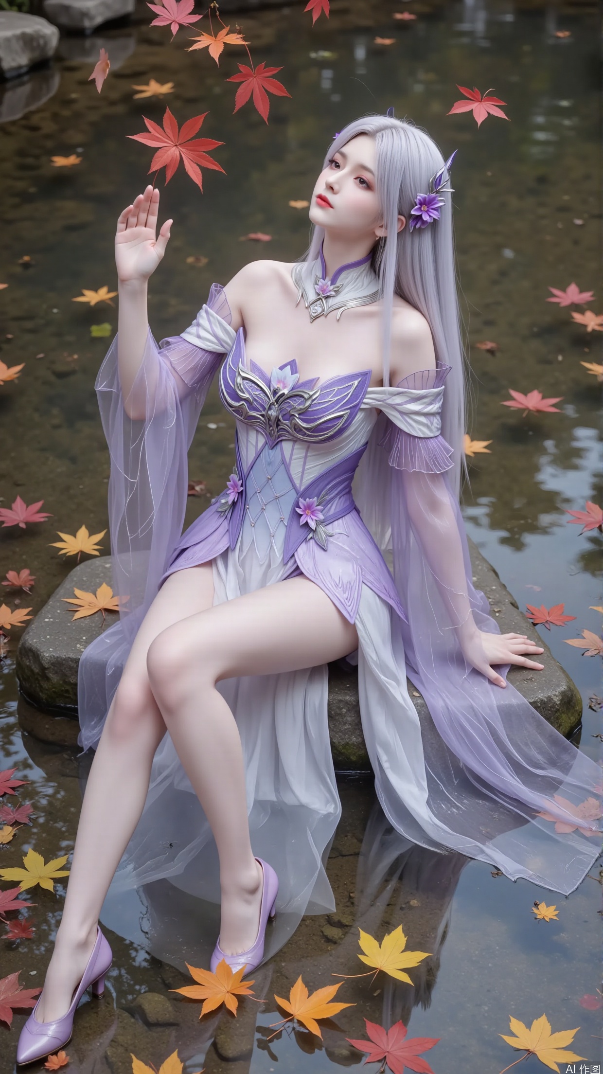 Composition: Adopting a vertical composition method, this composition can cleverly combine the main character with rich environmental elements within a limited frame. The woman is located in the center lower position of the picture, highlighting the subject and leaving space for the red maple leaves falling from above and the surrounding fallen leaves, creating a sense of hierarchy and depth in the picture. Maples. Water pool. Clear and transparent water. A stone covered in moss. Clear and transparent water. Maple leaves floating on the water.
Action: She sits on a stone. The woman's posture is elegant and dynamic. She gently lifts her hands and touches the falling maple leaves in the air, leaning back slightly. This action not only showcases the softness of the woman, but also seems to interact with the falling maple leaves, as if feeling the autumn atmosphere, giving people a sense of agility and elegance, as if she will fly with the autumn wind and fallen leaves in the next moment.
-Silver white long hair, waist length, with purple hair accessories on both sides of the head to add a touch of liveliness, and a small purple flower pinned to one side.
clothing
-Wearing a dress with a gradient of light purple and white as the main colors. The upper part features a tight corset design, with purple as the main color tone, adorned with delicate patterns and three-dimensional petal shaped decorations, highlighting the curves of the figure. The shoulder is designed with exposed shoulders, paired with wide sleeves made of sheer material. The sleeves are embroidered with light purple flowers, which are light and elegant, adding a touch of transparency and fairy charm. High collar. The collar has exquisite decorations.
-The skirt below the waist is wide, with layers of white chiffon cascading down naturally, creating a flowing feeling as if it were drifting with the wind. The edge of the skirt is decorated with delicate dark patterns, adding a sense of detail.
Makeup
-The makeup is elegant and clear, with delicate eyebrows and a color that matches the hair tone, presenting a light silver gray color. The eye makeup is mainly in light purple color, naturally blended, with slightly raised eye tips, adding a touch of agility and mystery. Paired with distinct eyelashes, it makes the eyes bright and lively. The lip color is light pink with low saturation, presenting a natural moisturizing sensation. The overall makeup highlights the ethereal and cool temperament of the character.
Wearing a pair of light purple high heels on the feet, the shoe shape is elegant and consistent with the overall clothing color tone. The upper may have small crystal or silk decorations, low-key yet gorgeous.
Image quality
-High resolution, rich image details, clear and distinguishable texture of clothing, hair, skin texture, etc. It has realistic light and shadow effects, with natural transitions between highlights and shadows, which can reflect the different characteristics of materials, such as the smoothness of silk, the lightness of chiffon, and the luster of metal jewelry.
Background: The ground is covered with layers of fallen leaves, ranging from dry yellow to orange red, with rich and natural colors, as if it were a magnificent carpet laid by nature. A few maple leaves are still falling in the sky, further enhancing the atmosphere of autumn. These fallen leaves and falling maple leaves not only serve as a backdrop to highlight the beauty of the woman, but also complement her clothing colors and movements, creating a beautiful, romantic, and slightly melancholic atmosphere, as if telling a story of autumn.