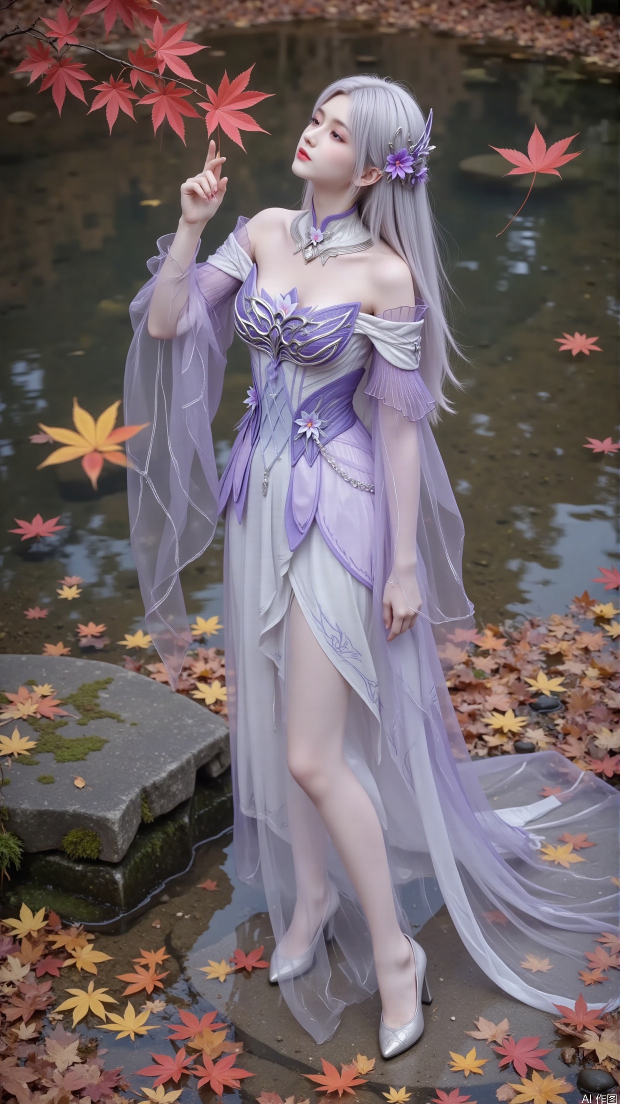 Composition: Adopting a vertical composition method, this composition can cleverly combine the main character with rich environmental elements within a limited frame. The woman is located in the center lower position of the picture, highlighting the subject and leaving space for the red maple leaves falling from above and the surrounding fallen leaves, creating a sense of hierarchy and depth in the picture. Maples. Water pool. Clear and transparent water. A stone covered in moss. Clear and transparent water. Maple leaves floating on the water.
Action: She stands on a stone. The woman's posture is elegant and dynamic. She gently lifts her hands and touches the falling maple leaves in the air, leaning back slightly. This action not only showcases the softness of the woman, but also seems to interact with the falling maple leaves, as if feeling the autumn atmosphere, giving people a sense of agility and elegance, as if she will fly with the autumn wind and fallen leaves in the next moment.
-Silver white long hair, waist length, with purple hair accessories on both sides of the head to add a touch of liveliness, and a small purple flower pinned to one side.
clothing
-Wearing a dress with a gradient of light purple and white as the main colors. The upper part features a tight corset design, with purple as the main color tone, adorned with delicate patterns and three-dimensional petal shaped decorations, highlighting the curves of the figure. The shoulder is designed with exposed shoulders, paired with wide sleeves made of sheer material. The sleeves are embroidered with light purple flowers, which are light and elegant, adding a touch of transparency and fairy charm. High collar. The collar has exquisite decorations.
-The skirt below the waist is wide, with layers of white chiffon cascading down naturally, creating a flowing feeling as if it were drifting with the wind. The edge of the skirt is decorated with delicate dark patterns, adding a sense of detail.
Makeup
-The makeup is elegant and clear, with delicate eyebrows and a color that matches the hair tone, presenting a light silver gray color. The eye makeup is mainly in light purple color, naturally blended, with slightly raised eye tips, adding a touch of agility and mystery. Paired with distinct eyelashes, it makes the eyes bright and lively. The lip color is light pink with low saturation, presenting a natural moisturizing sensation. The overall makeup highlights the ethereal and cool temperament of the character.
Wearing a pair of light purple high heels on the feet, the shoe shape is elegant and consistent with the overall clothing color tone. The upper may have small crystal or silk decorations, low-key yet gorgeous.
Image quality
-High resolution, rich image details, clear and distinguishable texture of clothing, hair, skin texture, etc. It has realistic light and shadow effects, with natural transitions between highlights and shadows, which can reflect the different characteristics of materials, such as the smoothness of silk, the lightness of chiffon, and the luster of metal jewelry.
Background: The ground is covered with layers of fallen leaves, ranging from dry yellow to orange red, with rich and natural colors, as if it were a magnificent carpet laid by nature. A few maple leaves are still falling in the sky, further enhancing the atmosphere of autumn. These fallen leaves and falling maple leaves not only serve as a backdrop to highlight the beauty of the woman, but also complement her clothing colors and movements, creating a beautiful, romantic, and slightly melancholic atmosphere, as if telling a story of autumn.
