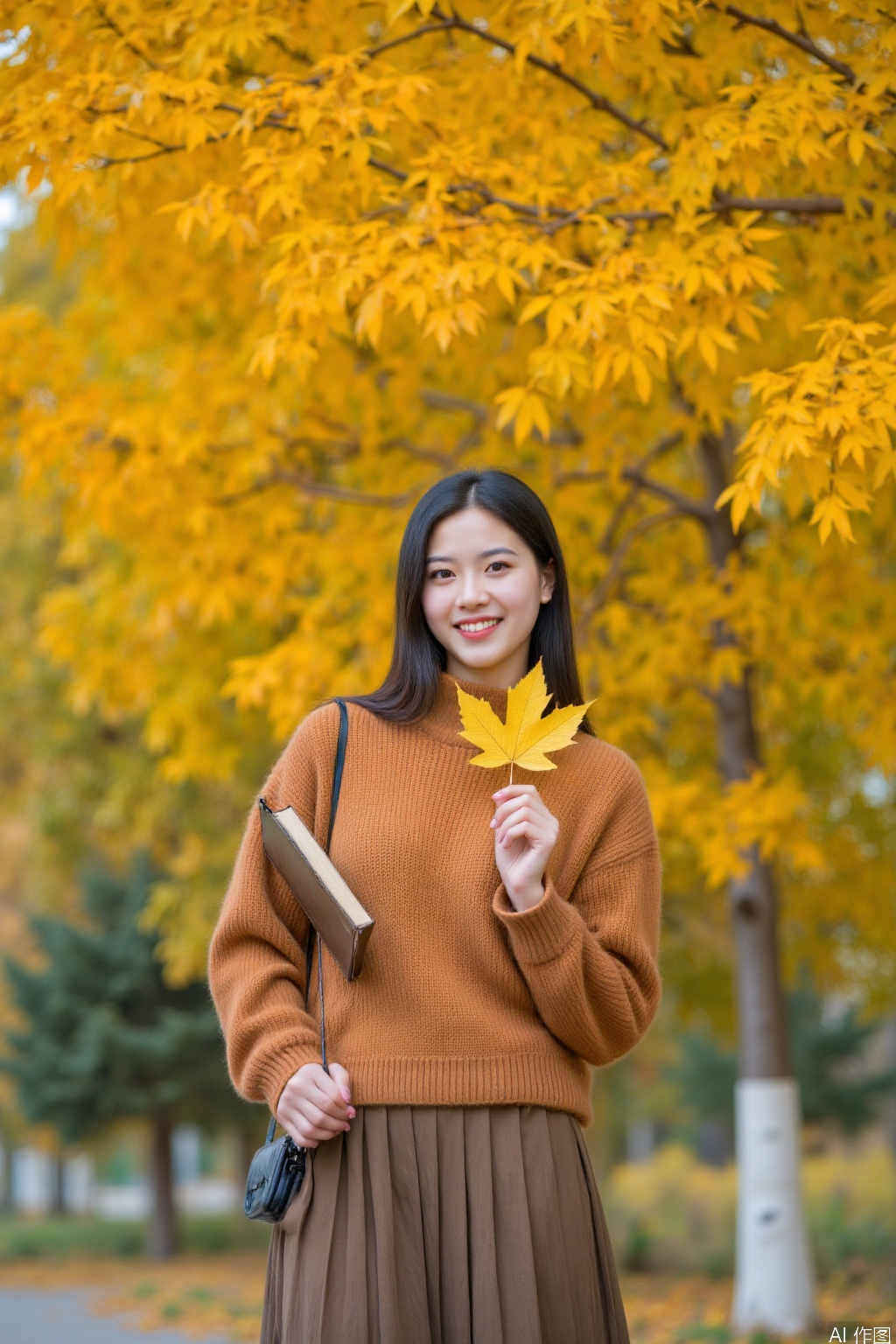 The image shows a young woman standing outdoors in a park during autumn. She is holding a yellow leaf in her right hand and a book in her left hand. She is wearing a brown sweater over a brown skirt and has a small black bag slung over her shoulder. The background is filled with vibrant yellow and green foliage, suggesting a fall setting. The woman is smiling and looking at the camera.