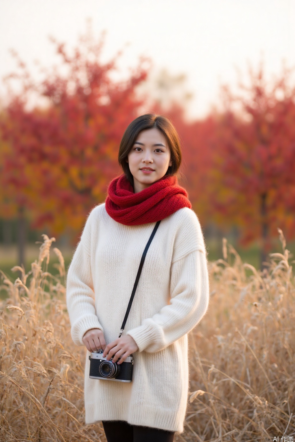 The image shows a person standing outdoors in a field of tall, dry grass. The person is wearing a white sweater and a red scarf, and is holding a vintage camera with a black strap. The background features a blurred view of autumn foliage, with trees displaying vibrant red and orange leaves. The lighting suggests it is either early morning or late afternoon, casting a warm glow over the scene.