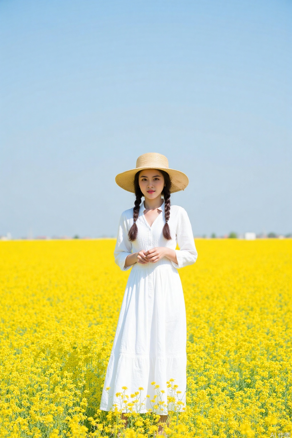 The image shows a person standing in a field of vibrant yellow flowers, which appear to be rapeseed. The individual is wearing a long white dress and a large straw hat, with their hair styled in braids. The background is a clear blue sky, and the field extends into the distance, creating a serene and picturesque scene.