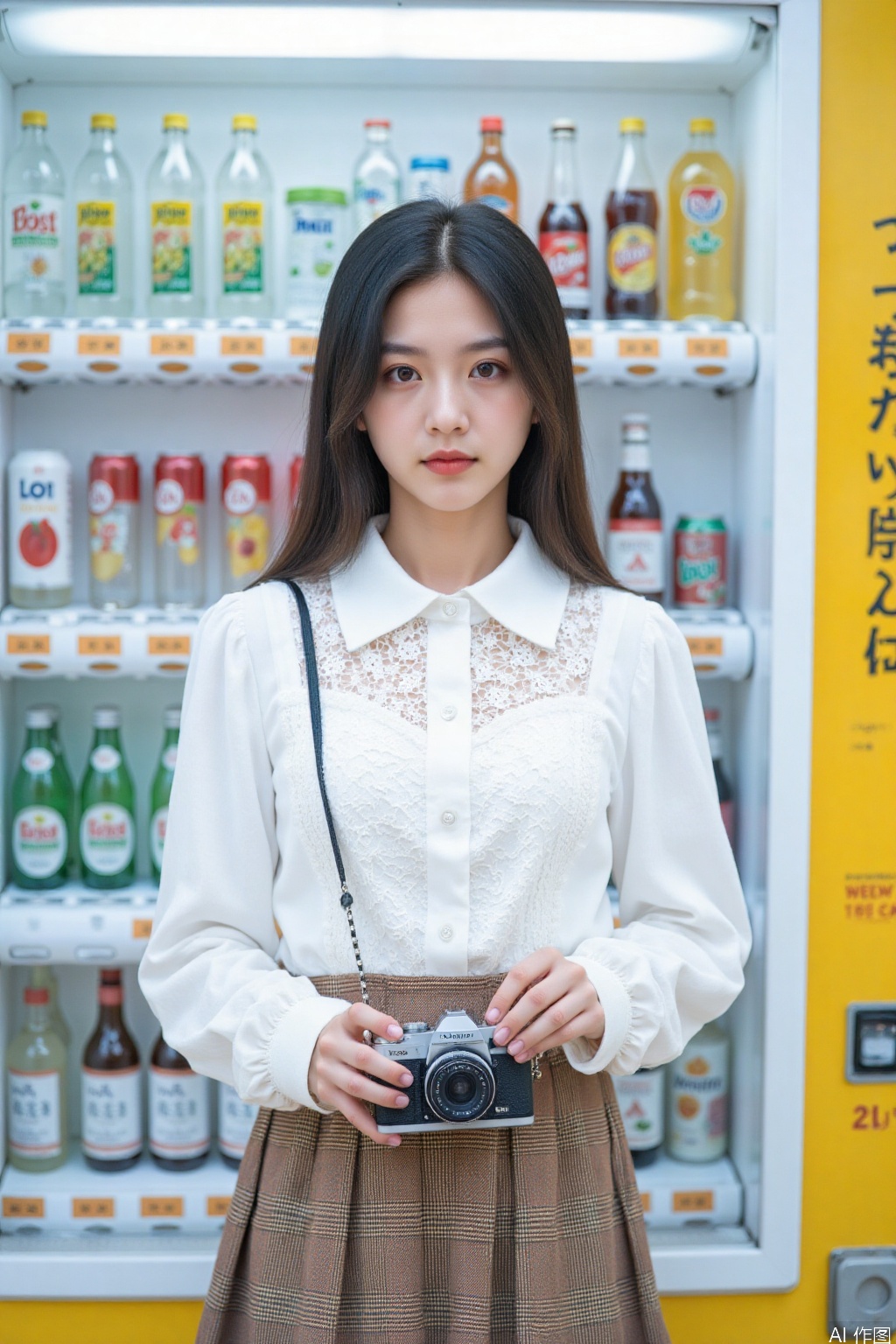 The image shows a young woman standing in front of a vending machine. She is holding a camera, wearing a white blouse with lace details and a plaid dress. The vending machine has various drink options, including bottles and cans, and has a yellow sign with Japanese text on the right side. The background is bright, suggesting it is taken outdoors during the daytime. The woman appears to be posing for the camera, with a neutral expression.