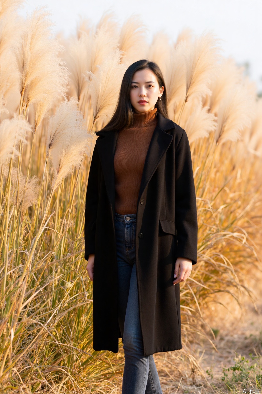 The image shows a person standing in a field of tall, golden grasses, which appear to be ornamental grasses. The person is dressed in a black coat over a brown turtleneck sweater and blue jeans. The background consists of a field of similar tall grasses, creating a natural and serene setting. The lighting suggests it might be late afternoon or early evening, casting a warm glow on the scene.