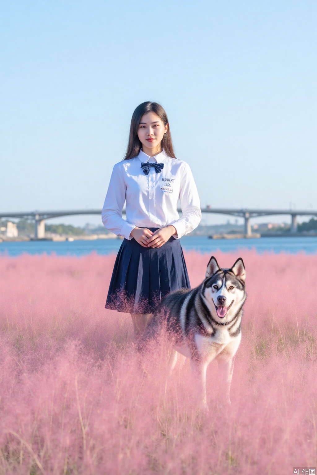 The image shows a young woman standing in a field of pink ornamental grass. Beside her is a lively Husky, its thick - furred coat and distinctive markings adding a touch of charm to the scene. The woman is wearing a white shirt with the word "KINIKAI" printed on it, along with a dark blue bow - tie and a navy blue skirt. She stands with her hands clasped in front of her.

In the background, there is a body of water and a bridge, with a clear blue sky overhead. The overall setting is serene and picturesque, with the pink grass creating a striking contrast against the natural elements. The Husky's presence brings an extra dose of energy and appeal to this idyllic landscape.