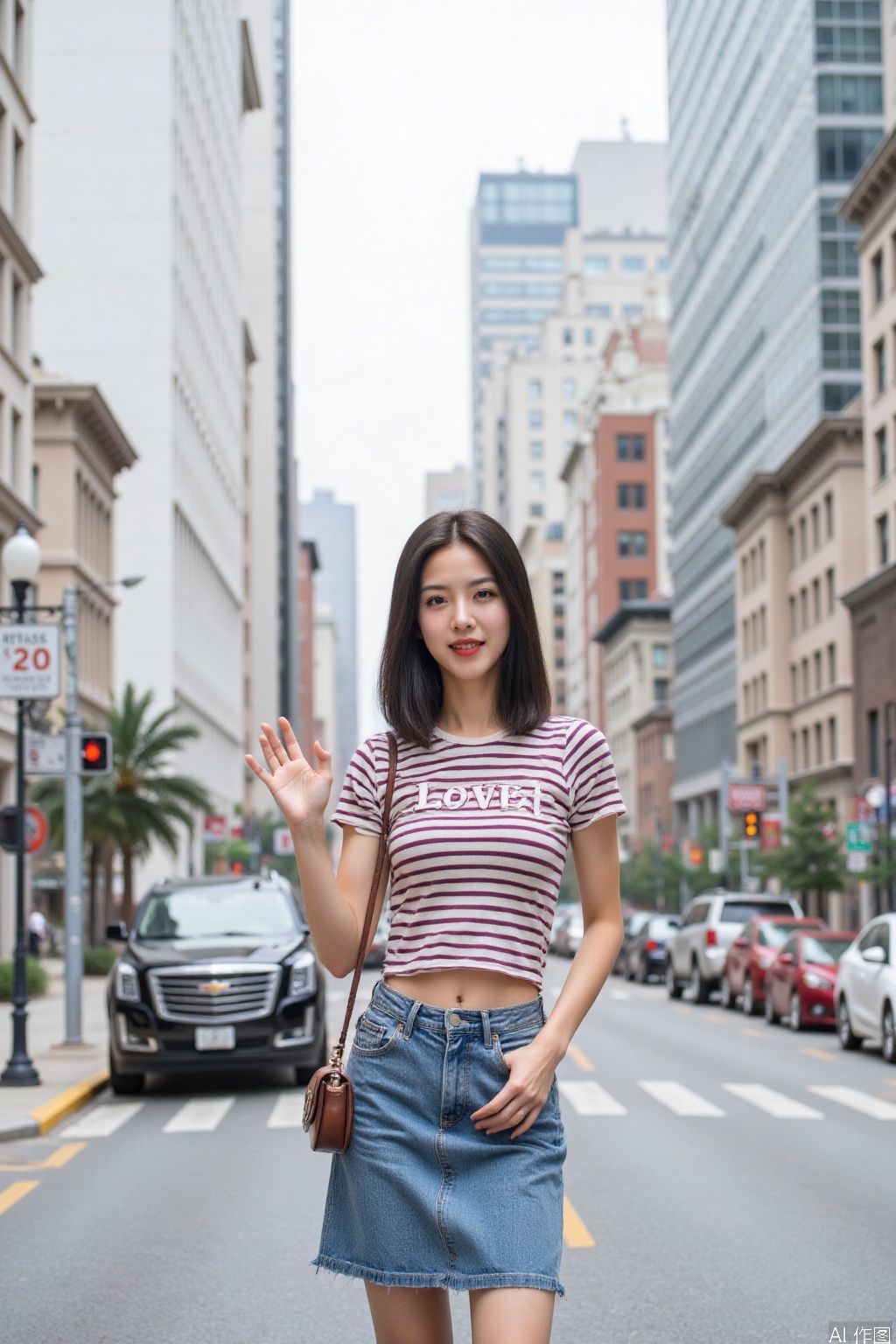 The image shows a young woman standing on a city street. She is wearing a sleeveless striped crop top with the word "LOVE" printed on the front and a denim skirt. She has a brown crossbody bag and is gesturing with her right hand, possibly waving or pointing. The background features a mix of modern and older buildings, with a white building on the left and a modern glass building on the right. There are also several vehicles parked along the street, including a red and white car and a black SUV. The street sign in the background reads "20."