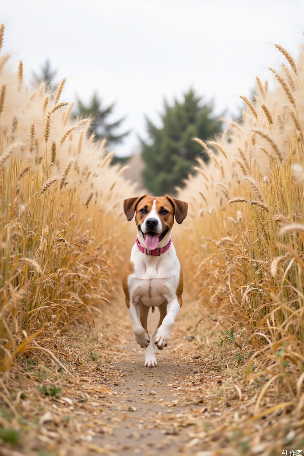 The image shows a dog running through a field of tall, golden wheat. The dog has a white and brown coat and is wearing a pink collar. The wheat stalks are dense and create a natural pathway for the dog to run through. In the background, there are trees and a cloudy sky, suggesting an open countryside setting. The dog appears to be happy and energetic, with its tongue out as it runs.