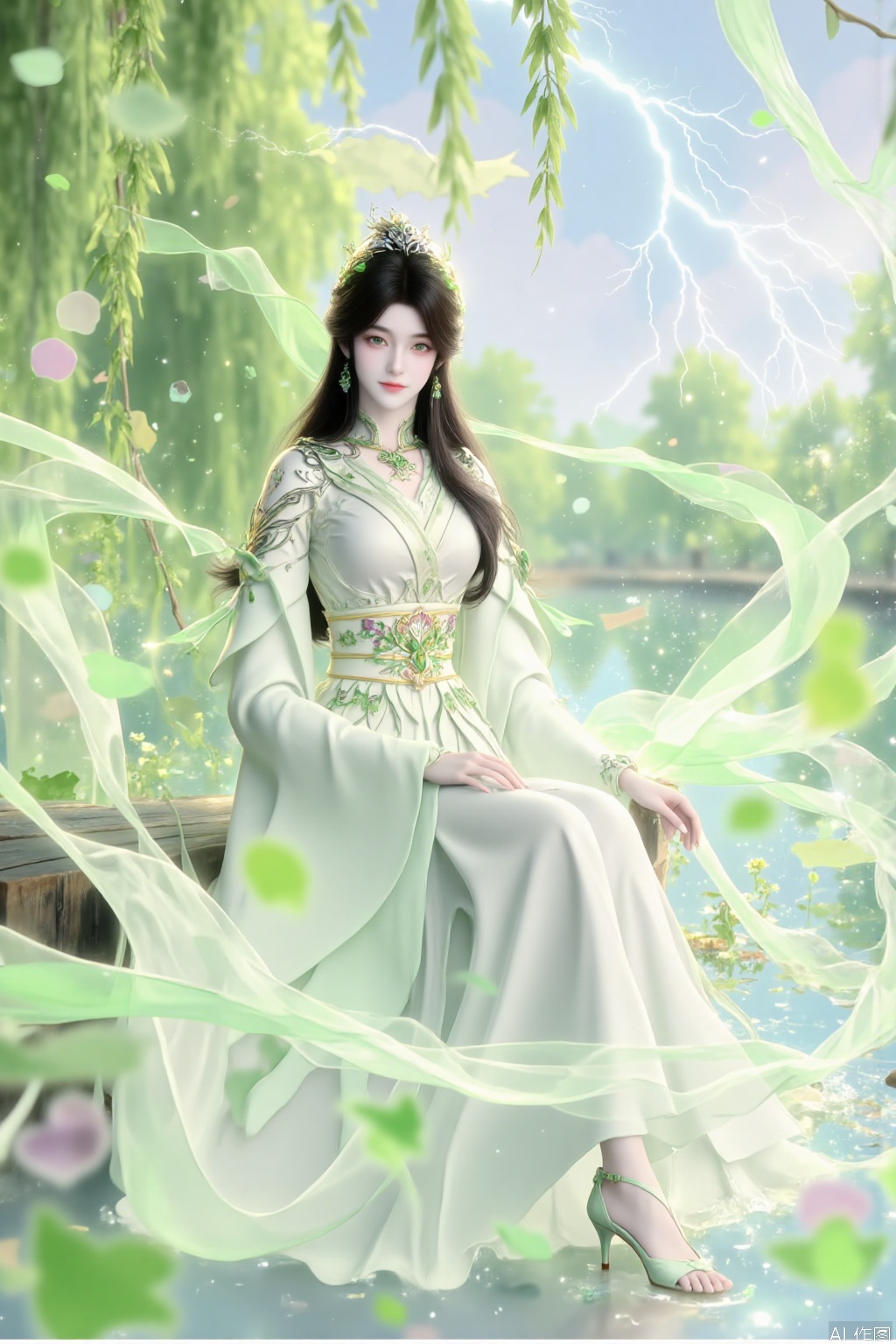 In the beautiful background, a graceful beauty is sitting by the lake, and the breeze is blowing gently. Her long hair is as soft as willow branches and flutters gently with the wind. She is wearing a light long skirt, swaying lightly like a willow leaf, outlining her slender long legs with elegant and charming lines.

The background is a lake full of spring, weeping willows swaying, willow branches hanging down, willow leaves swaying gently with the wind, as if dancing for her. The lake is sparkling, reflecting the clouds in the sky and the beautiful images of willows. The whole scene is full of poetry and romance.

Suddenly, a flash of lightning flashed across the distant sky and instantly lit up the whole picture. The lightning is in sharp contrast with the soft background, as if adding a hint of mystery and strength to the beautiful scenery. Her eyes stared at the distance, her expression was calm, as if she were in harmony with the world, soft and powerful.

The whole picture combines soft willow leaves, willow branches and shocking lightning, showing the harmonious coexistence between nature and people, with both a beautiful artistic conception and a touch of dramatic tension. 1 girl, solo, long hair, black hair, hair accessories, long sleeves, dresses, jewelry, green eyes, earrings, belts, Hanfu, solo, long hair,  hair accessories, dresses, whole body, green high heels, belts, green dresses, Hanfu, streamers.