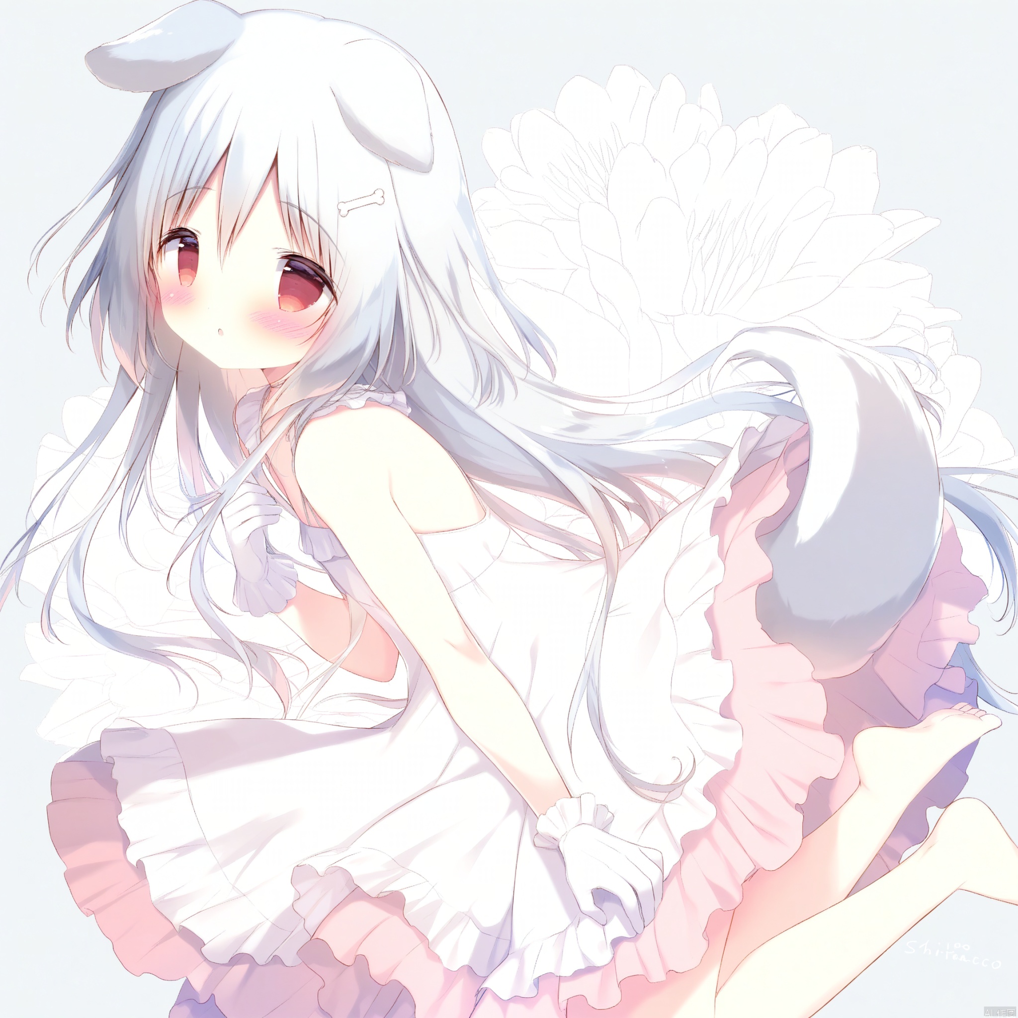shiratama_(shiratamaco),1girl,:o,albino,animal_ears,bare_shoulders,barefoot,blush,bone_hair_ornament,cartoon_bone,commentary,dog_ears,dog_girl,dog_tail,dress,floral_background,frilled_dress,frilled_gloves,frills,gloves,grey_background,grey_hair,hair_between_eyes,hair_ornament,hand_up,highres,long_hair,original,parted_lips,red_eyes,shiratama_\(shiratamaco\),sleeveless,sleeveless_dress,solo,symbol-only_commentary,tail,twitter_username,very_long_hair,white_dress,white_gloves, white_gloves